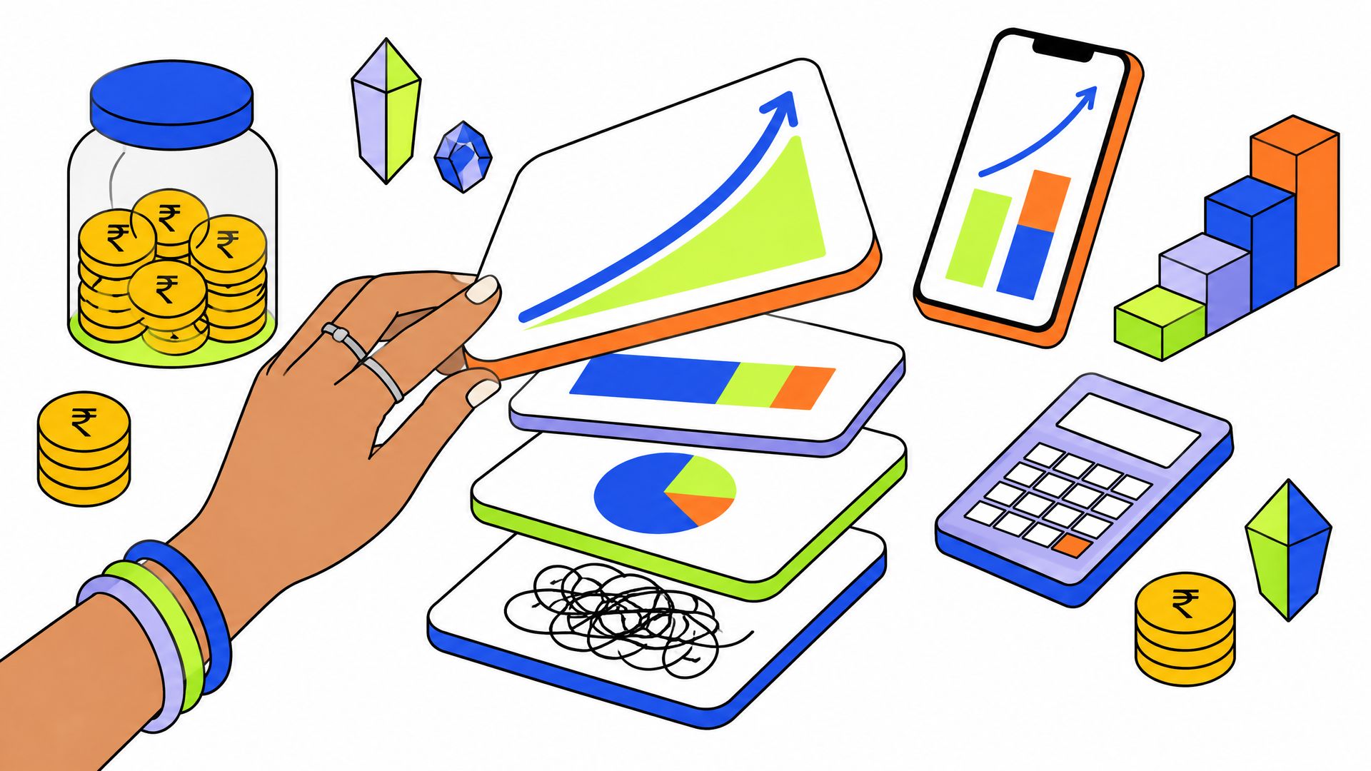 Isometric illustration of a card stack flipping from a tangled scribble to a clean growth curve, with a coin jar, phone chart and loan calculator.