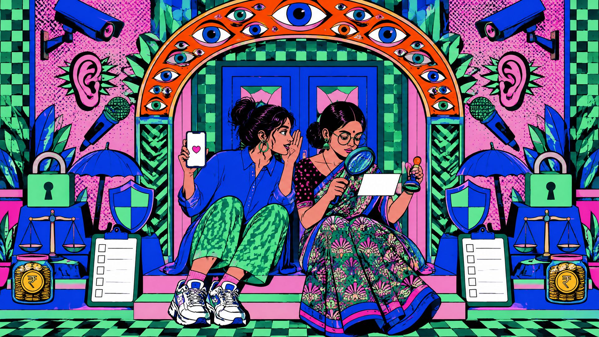 Neon folk-pop illustration of a young Indian social media manager and a compliance reviewer with a magnifying glass on a doorstep under an arch of watching eyes.