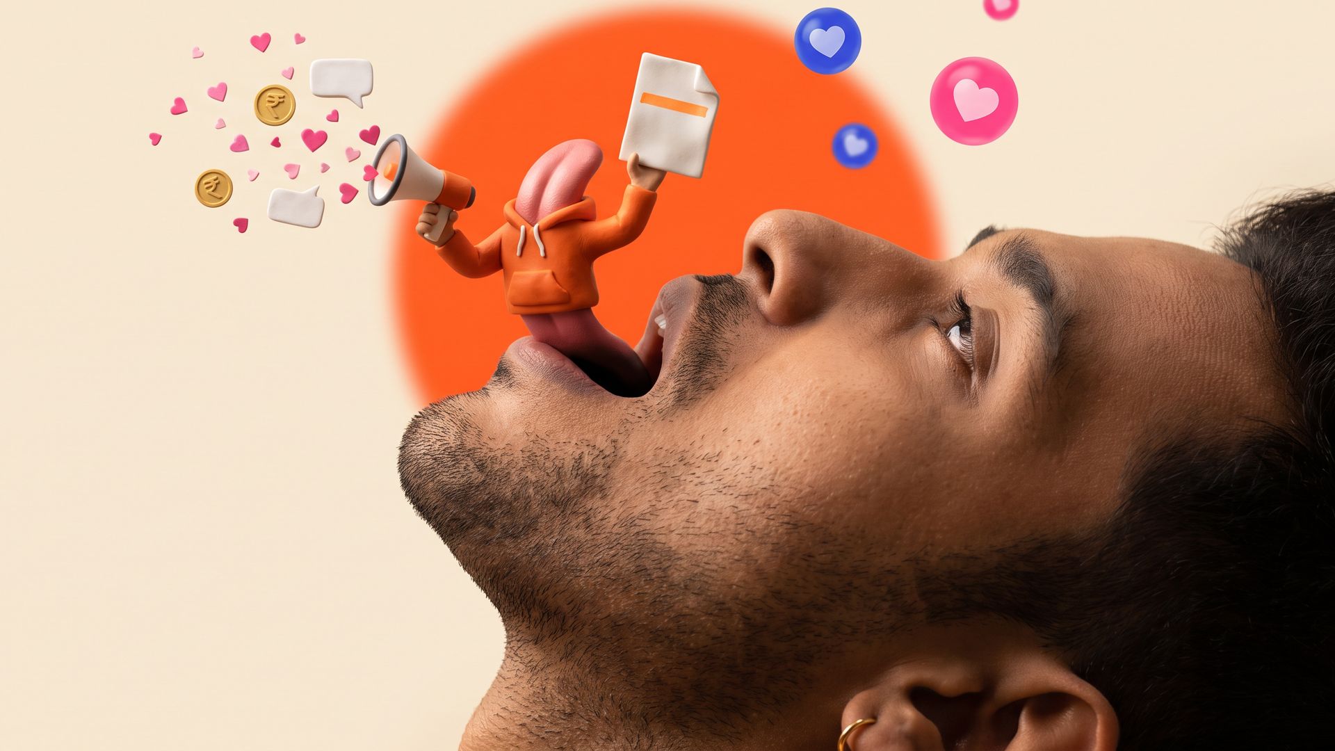 A tiny clay figure made from a young Indian creator's tongue holds a megaphone blasting hearts and coins and a highlighted blank script.