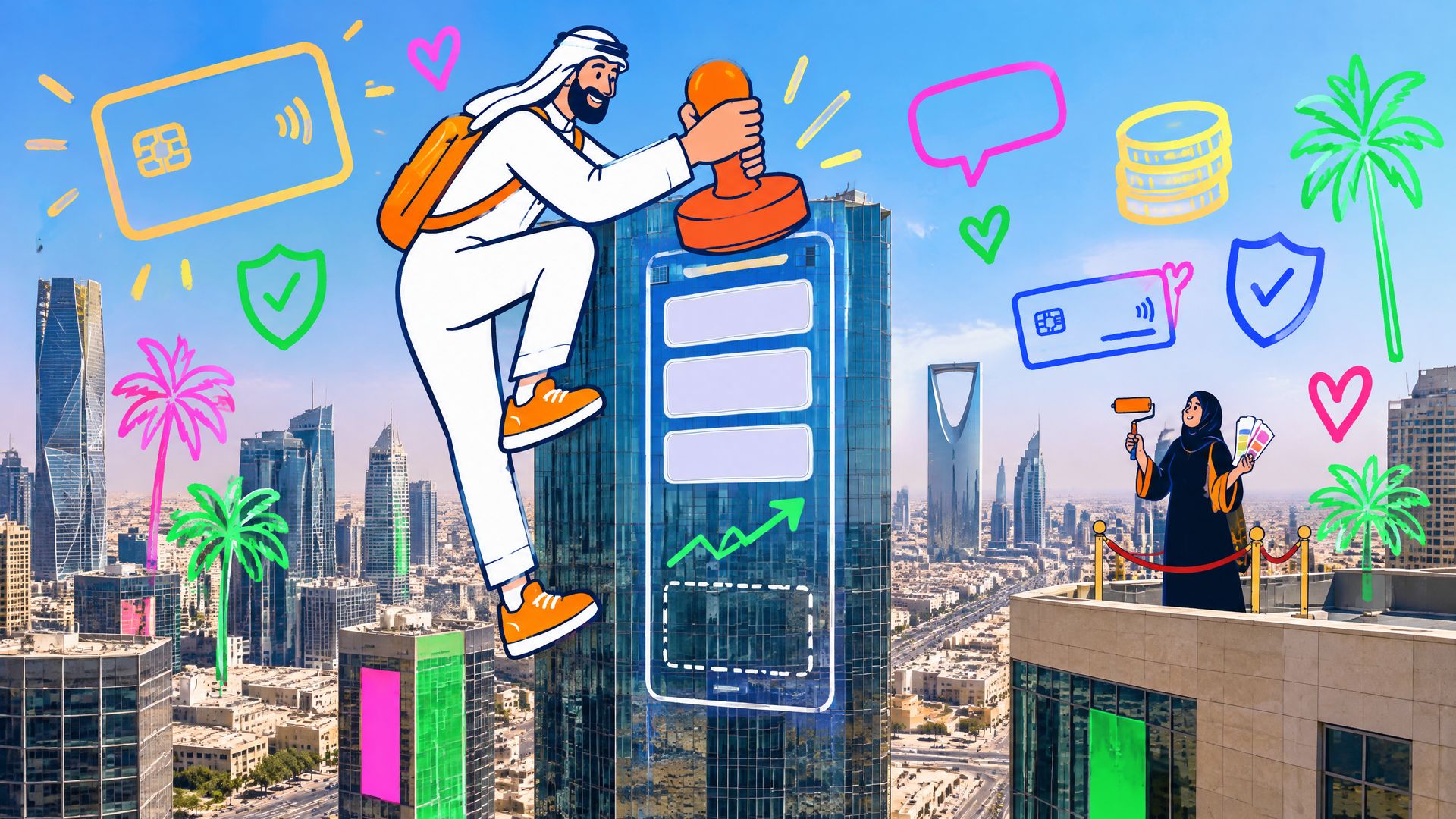 A giant cartoon Saudi man stamps approval on a doodled app screen on a Riyadh tower while a woman with a paint roller waits behind a rope.