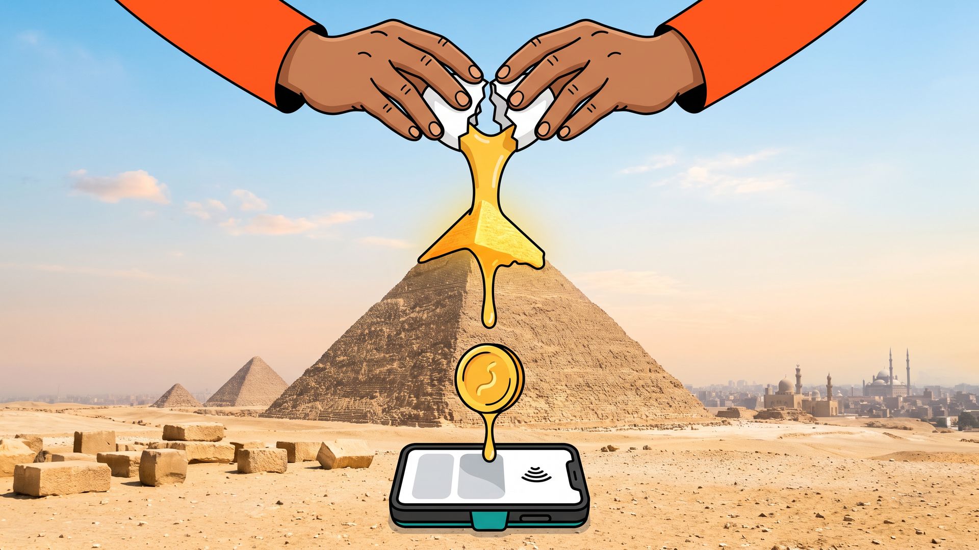 Cartoon hands in orange sleeves crack an egg above the Great Pyramid of Giza, the golden yolk forming its capstone and dripping a coin into a phone wallet.