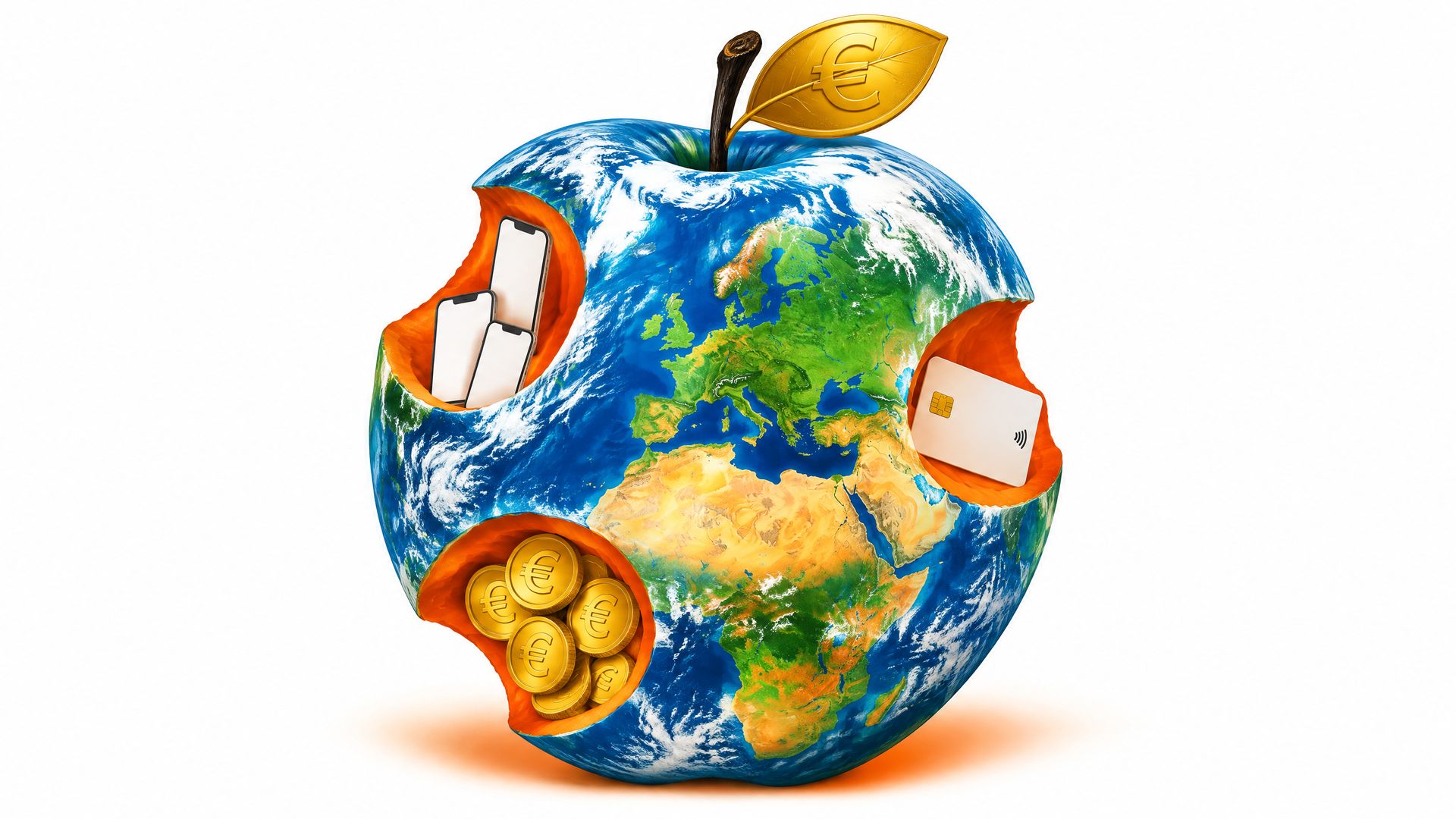 The Earth as an apple centred on Europe, with three orange bites holding blank phones, a chip card and euro coins, on white.