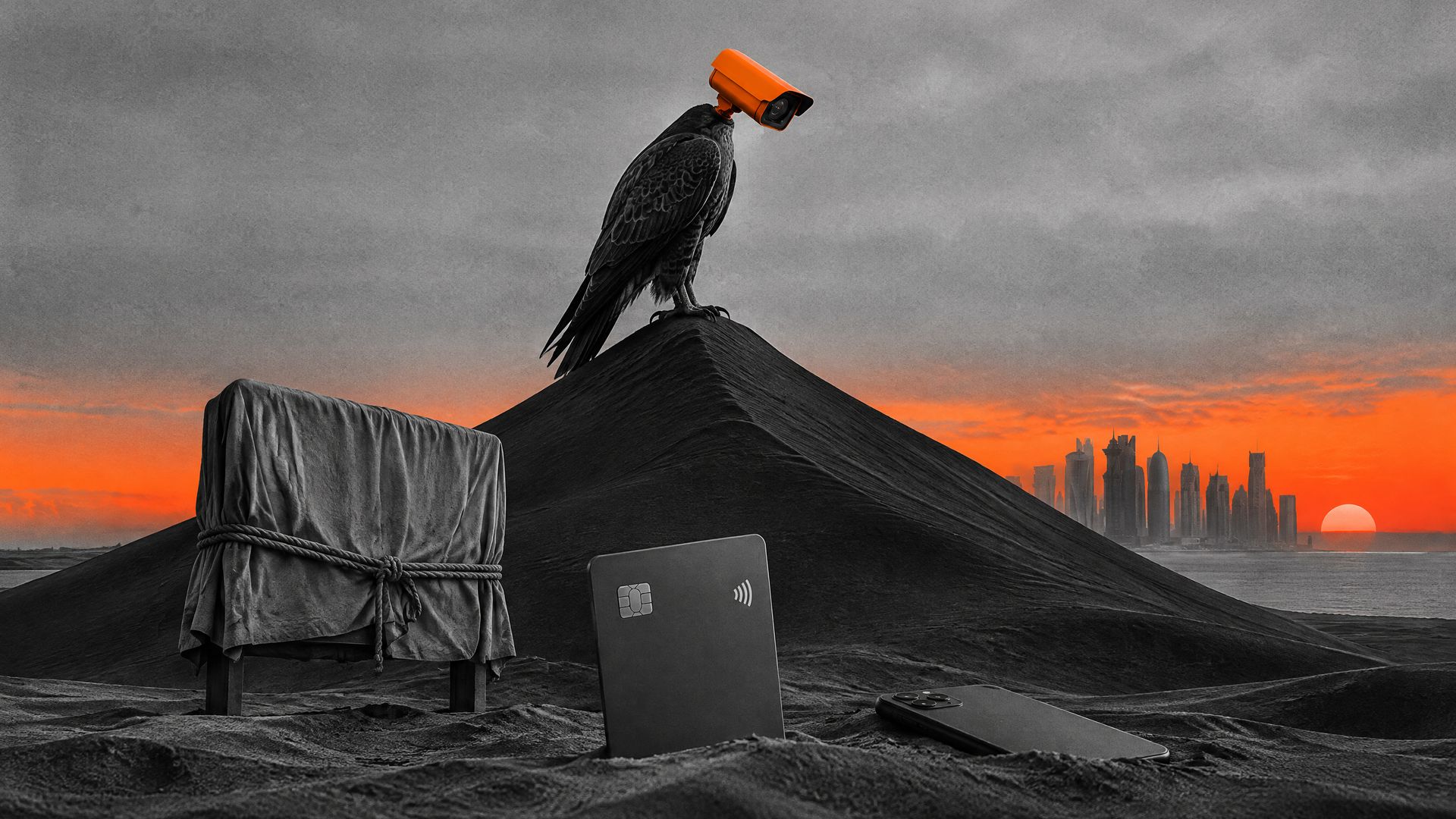 A falcon with a CCTV camera for a head watches a rope-tied, cloth-covered billboard and a blank bank card in the sand, Doha towers at sunset behind.