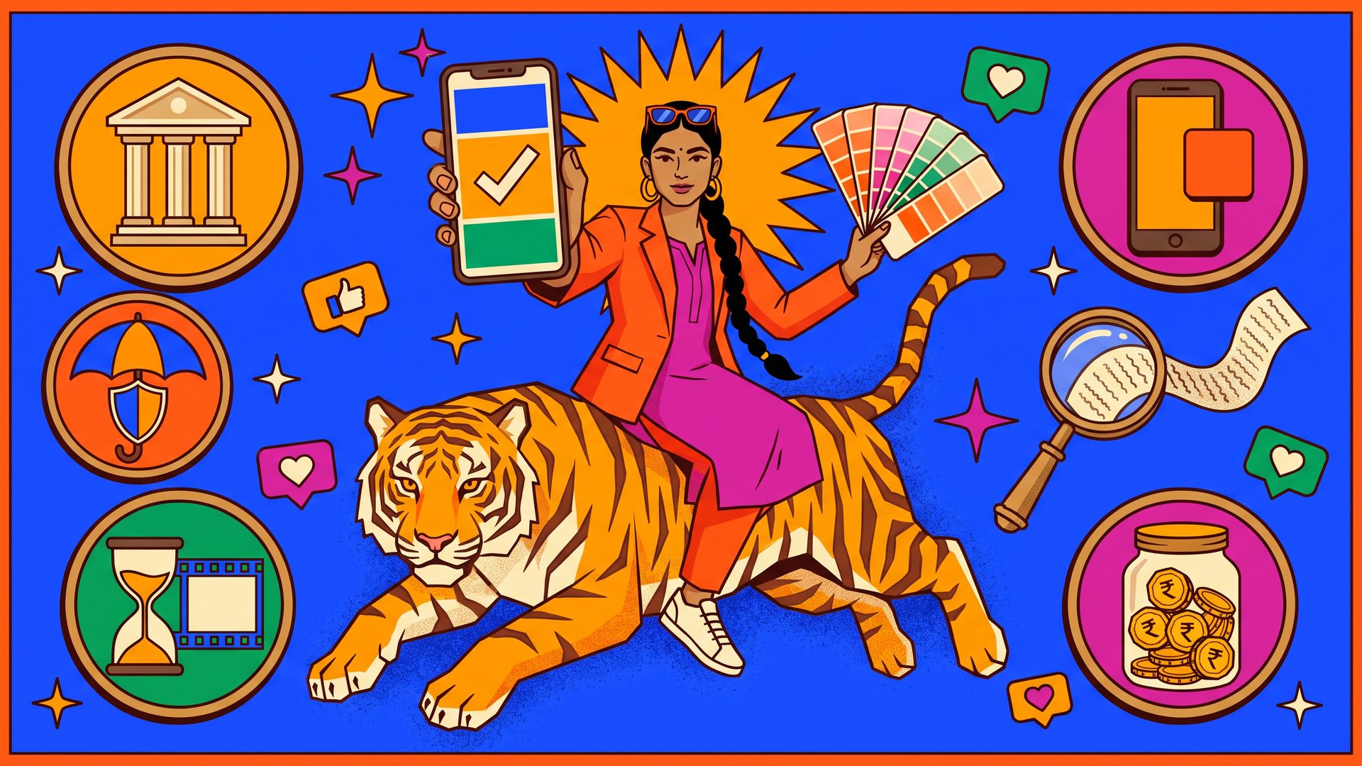Flat pop illustration of an Indian woman brand lead riding a geometric tiger, ringed by vignettes of a bank pillar, insurance umbrella, hourglass, payment phone and rupee coin jar.