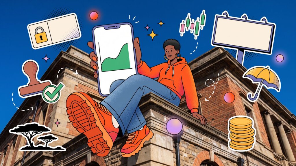 Cartoon Kenyan brand lead in orange sneakers lounging on a Nairobi rooftop with a phone wallet, surrounded by stamp, padlock, chart and acacia doodles.