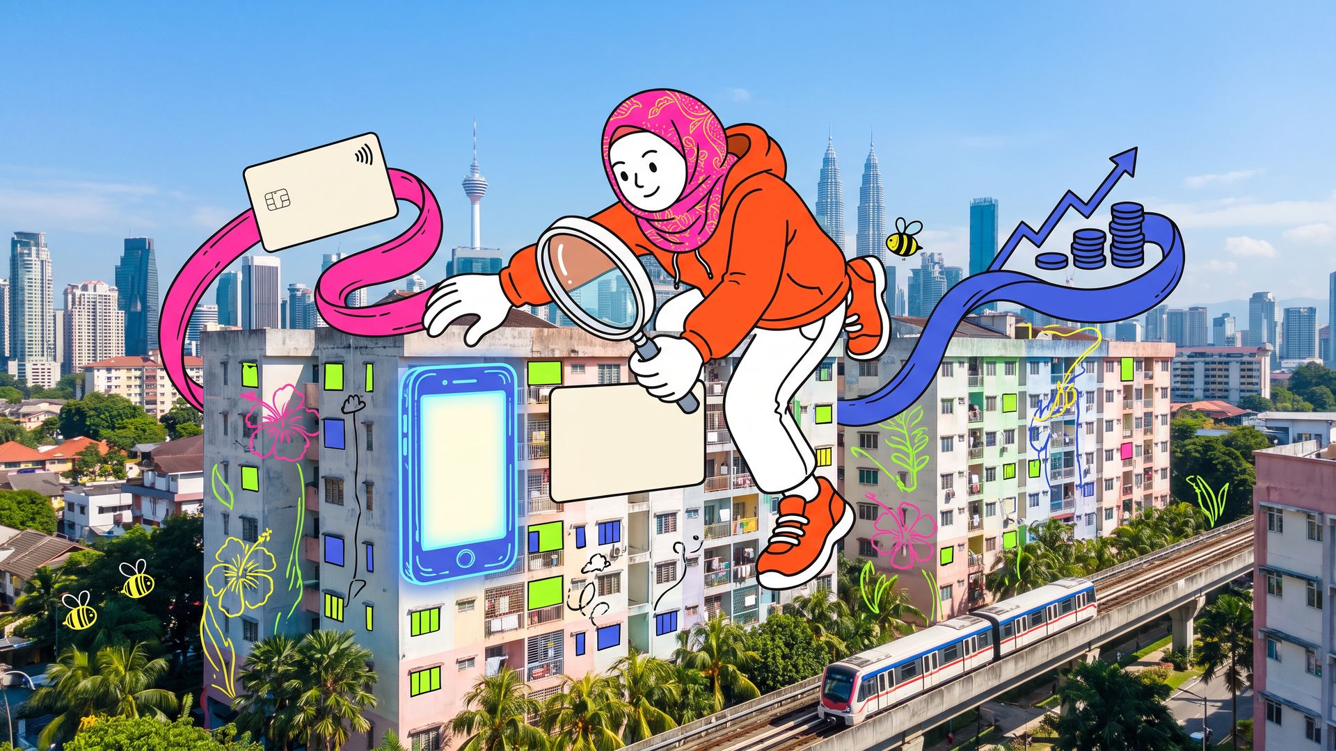 Rooftop photo of Kuala Lumpur with a giant cartoon designer pinning a warning card beside a phone-wallet offer, surrounded by neon doodled hibiscus, coins and bees.