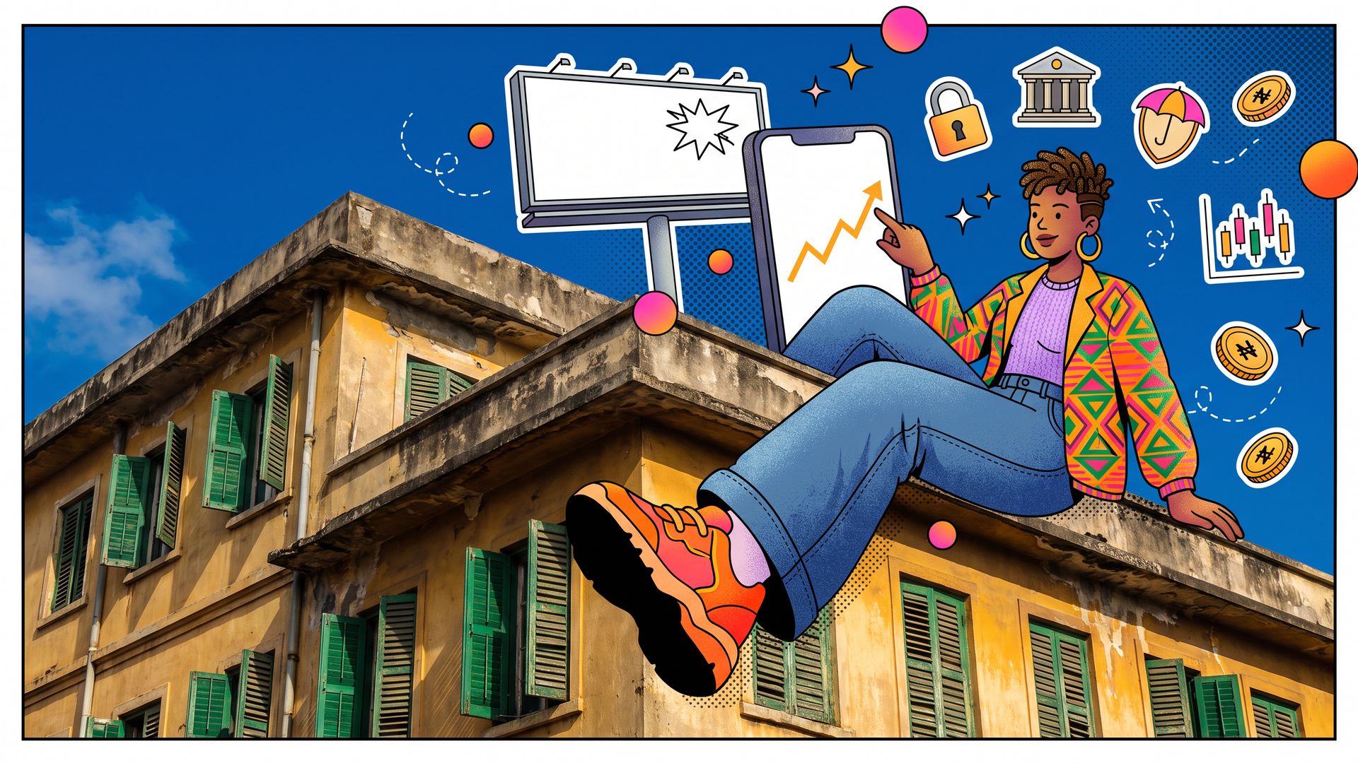 Cartoon Lagos creative director lounging on an old rooftop with a rising-chart phone, surrounded by stickers of a bank, padlock, umbrella and naira coins.
