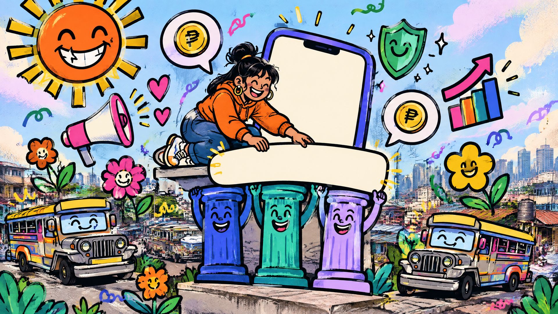 Manila street photo covered in cheerful doodles: a cartoon marketer in an orange hoodie fixes a band onto a giant phone ad held up by three smiling columns.
