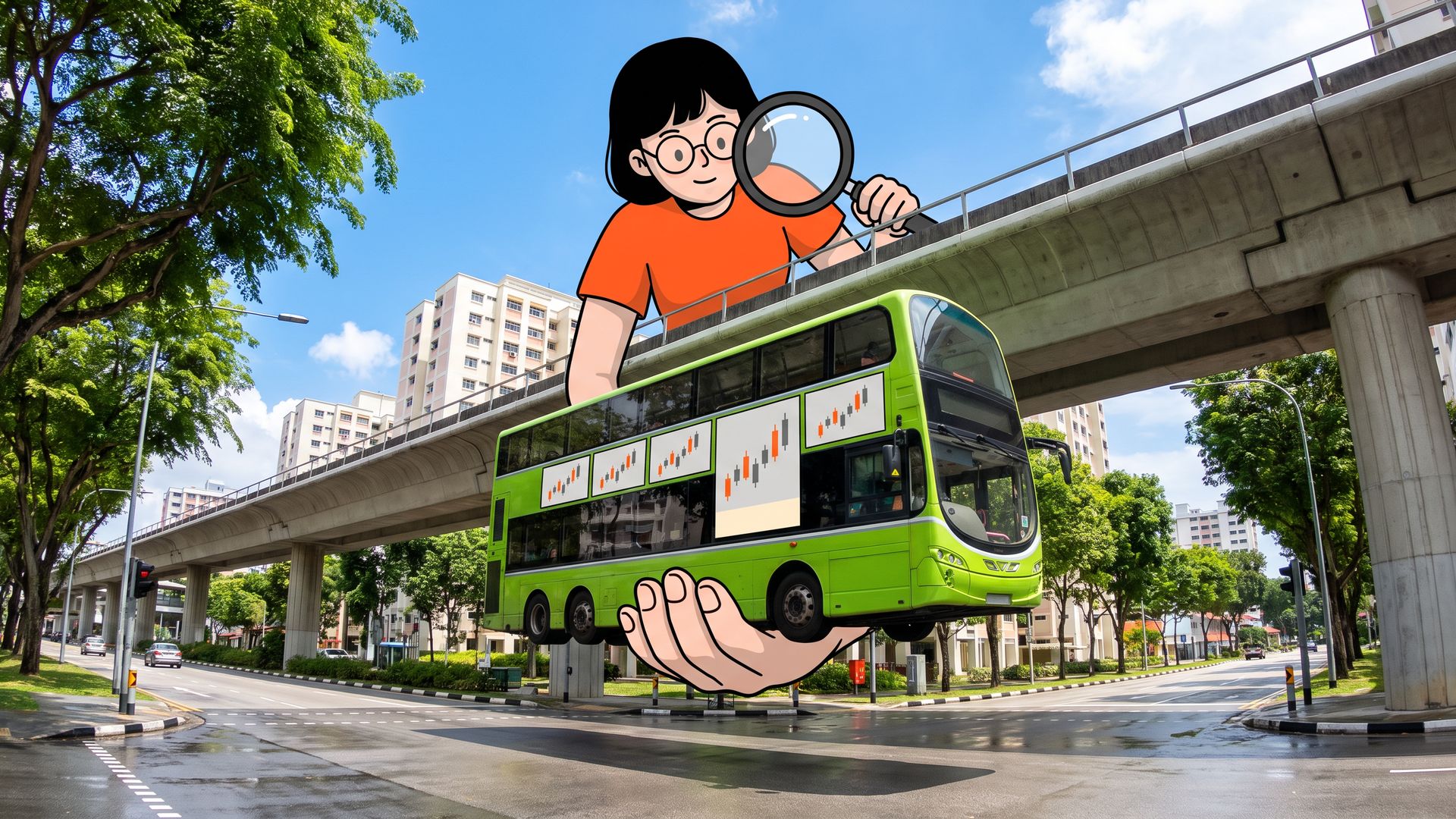 A giant cartoon marketer leans over a Singapore MRT viaduct and lifts a real double-decker bus to inspect the chart adverts and blank disclosure bands on its side.