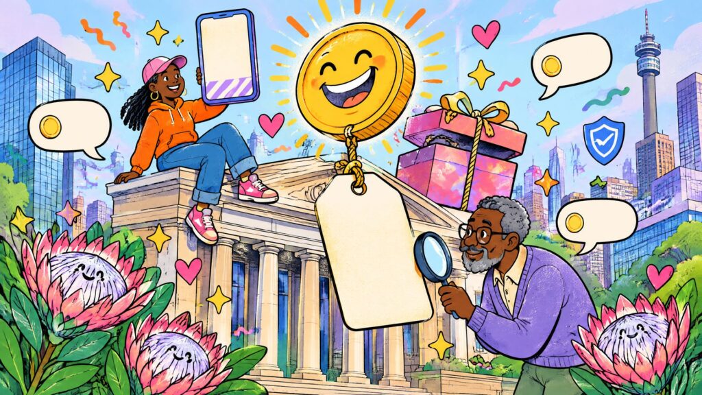 Doodle-covered Johannesburg bank street: a grinning cash-back coin tied to a blank condition tag, a young woman with a phone ad and an older man checking the tag.