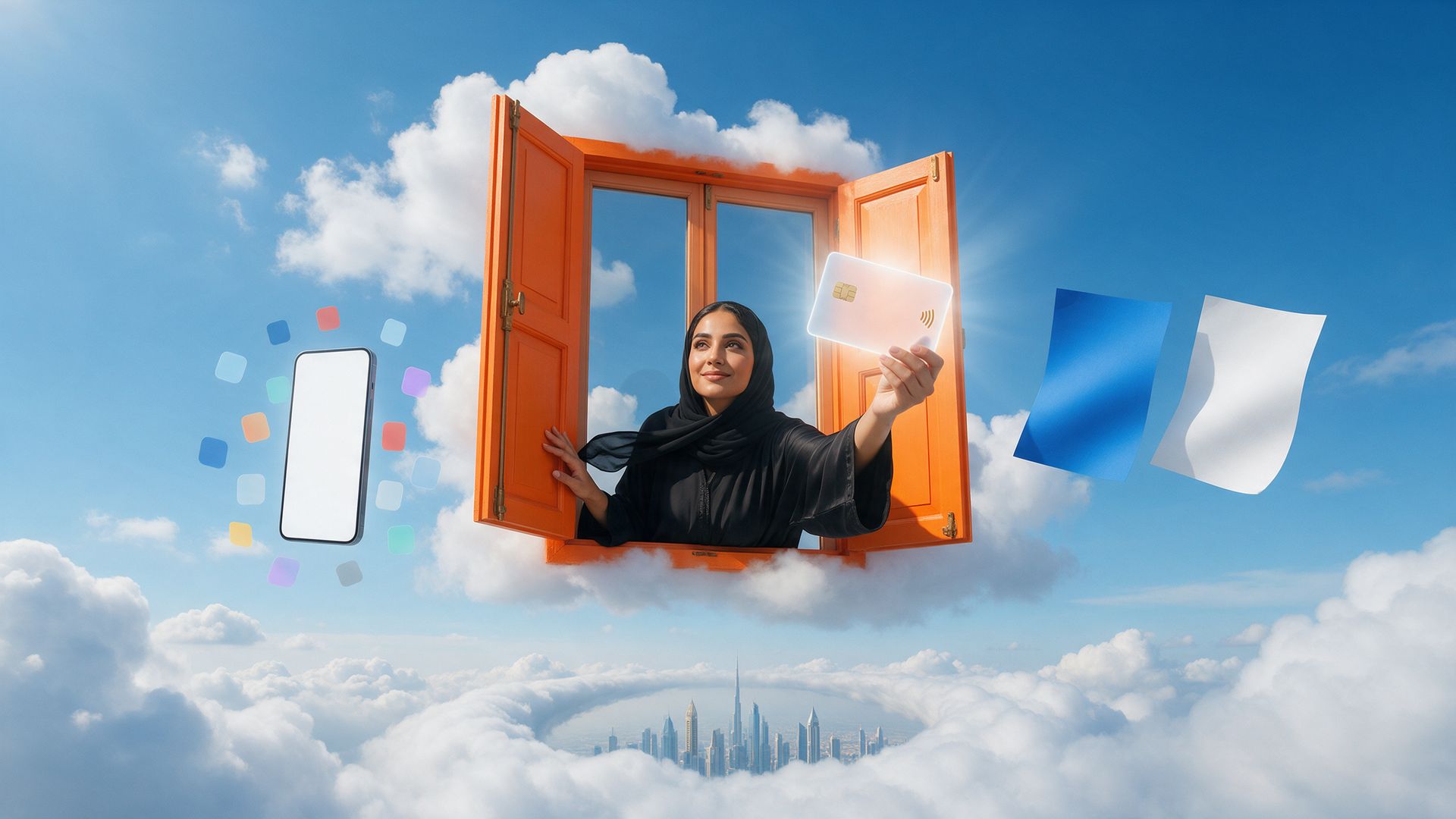 An Emirati marketing lead leans from a floating orange-shuttered window in the clouds above Dubai towers, holding a glowing bank card as two poster proofs fly out.