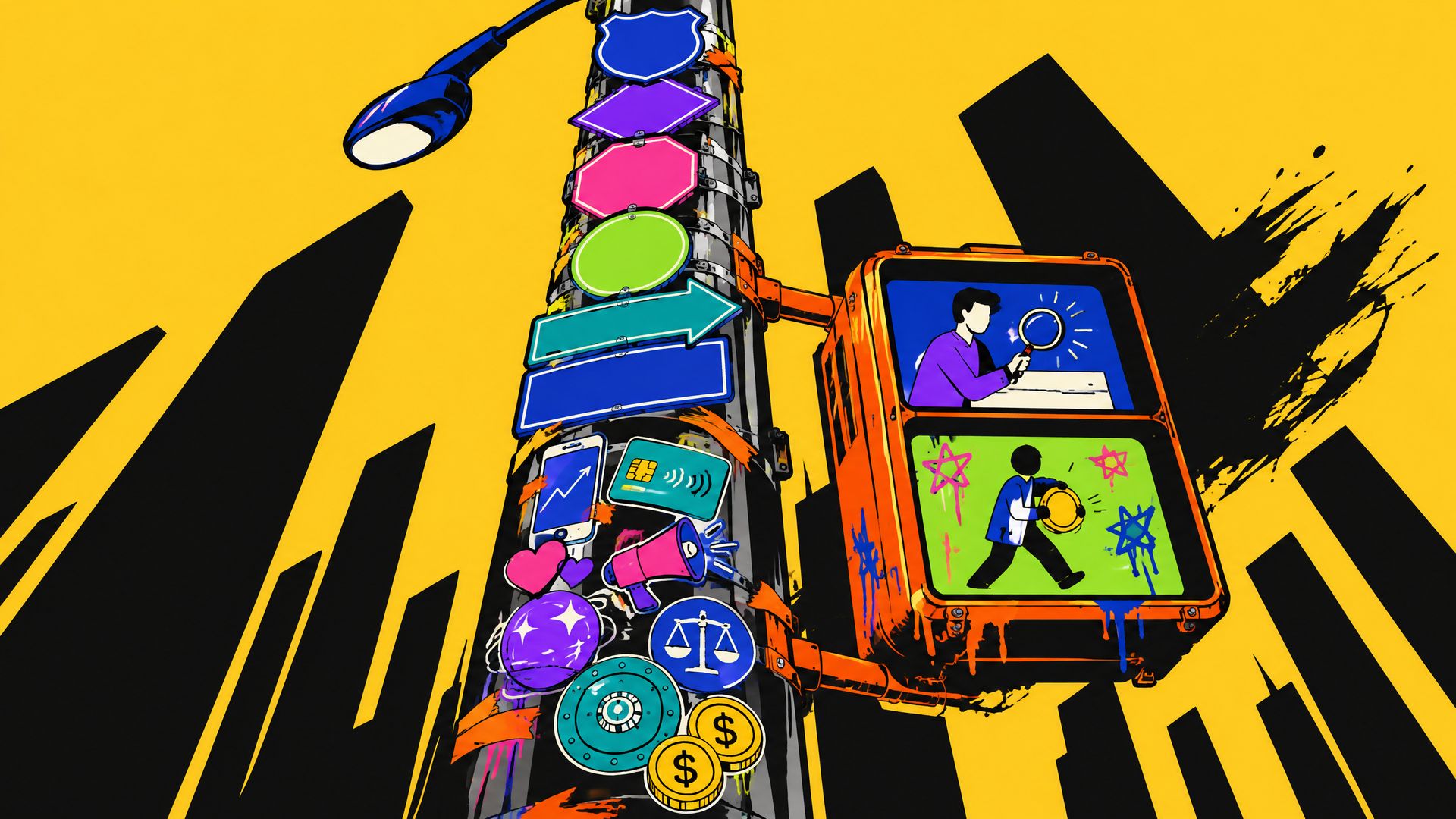 Pop comic illustration of a Manhattan street pole covered in fintech and social stickers under a stack of blank regulator-style signs and a walk signal.