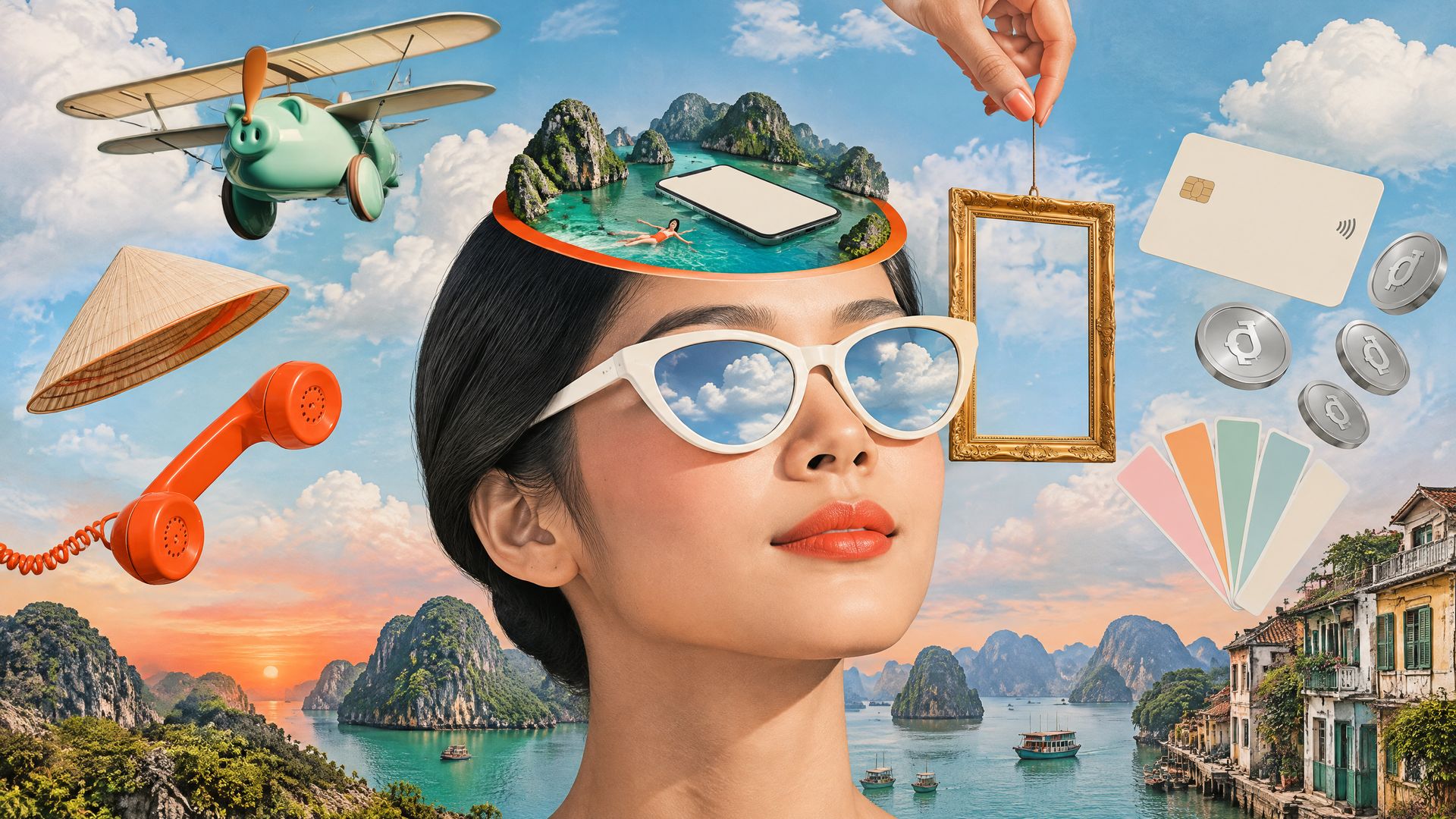 Retro photo collage of a Vietnamese product head with Ha Long Bay in her head as a hand lowers an empty certificate frame beside a bank card, dong coins and a winged piggy bank.