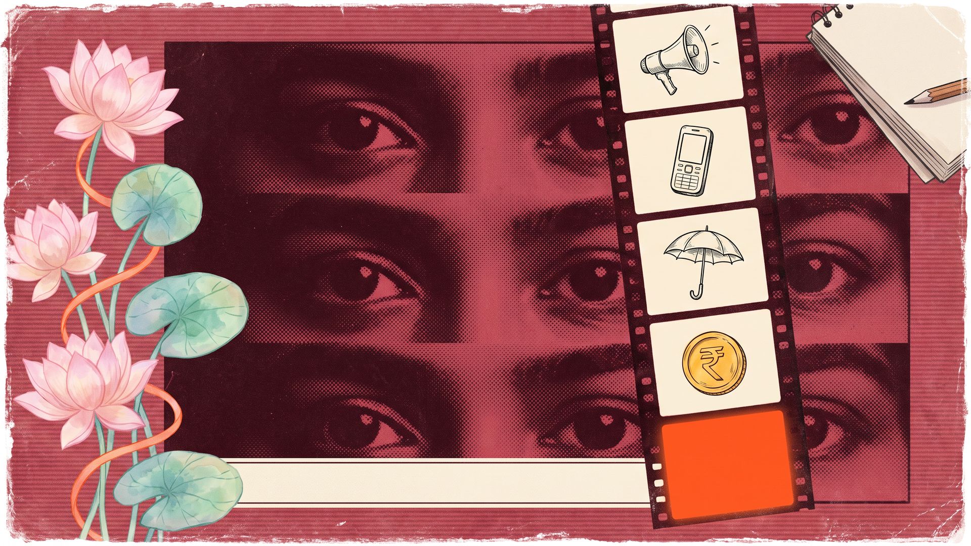 Crimson print of staring eyes behind a storyboard film strip whose last frame glows orange, with pink lotuses cascading down the left side.