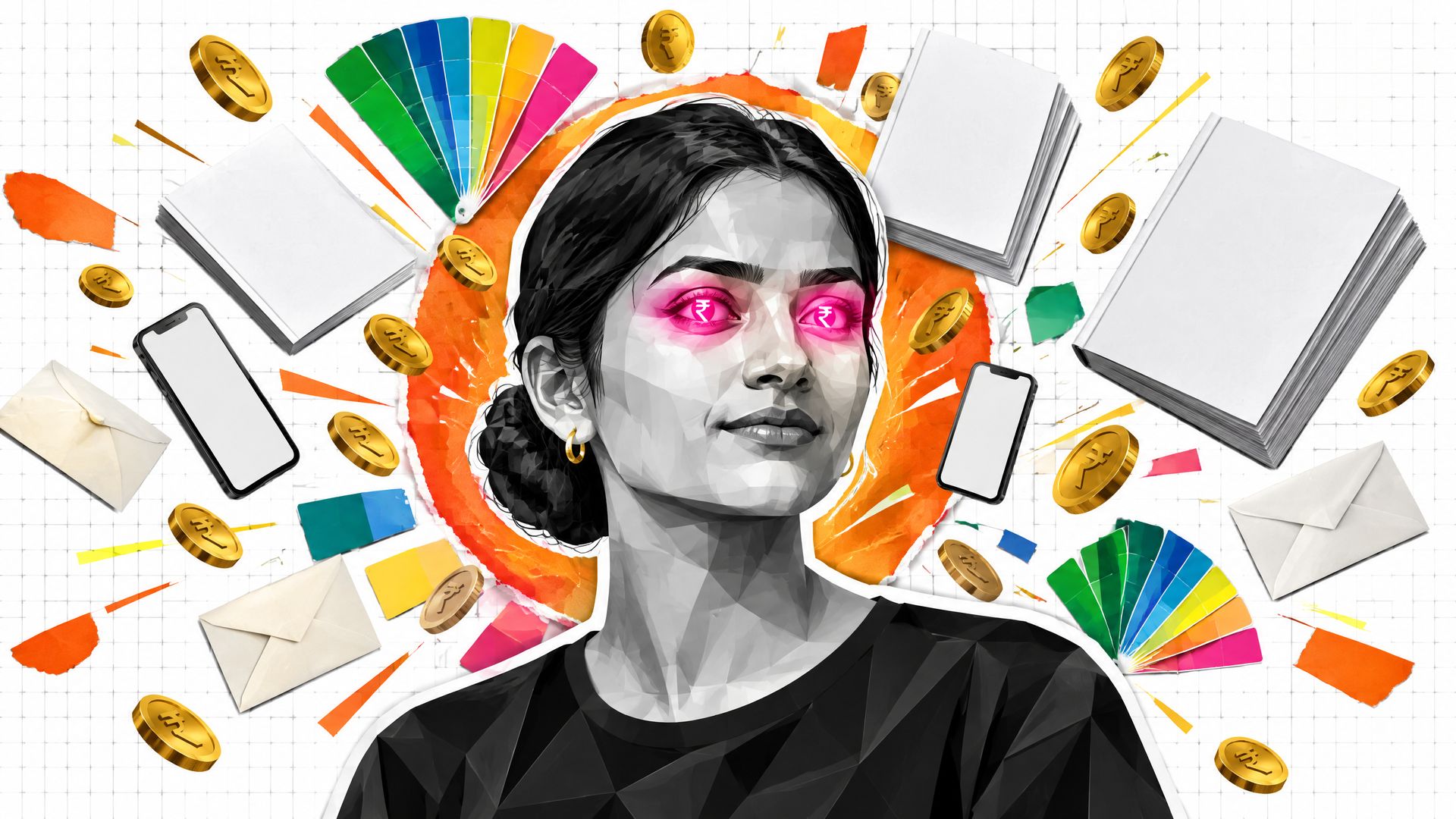 Low-poly greyscale portrait of a young Indian fintech founder with glowing rupee-sign eyes and a halo of coins, colour swatches and proposals.
