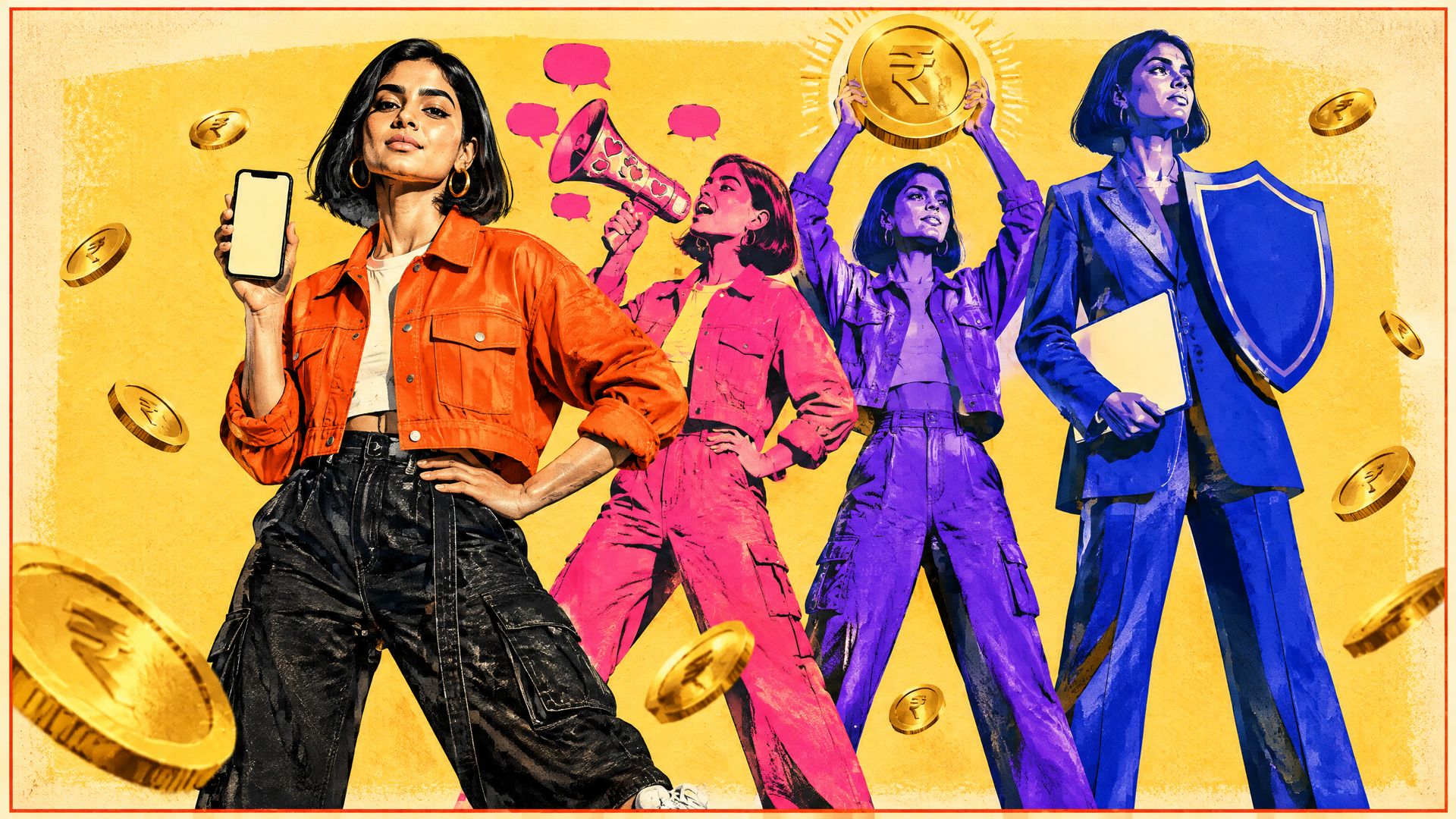 A young Indian fintech founder in an orange jacket stands before three posterised echoes of herself, from playful startup to suited banker holding a shield.