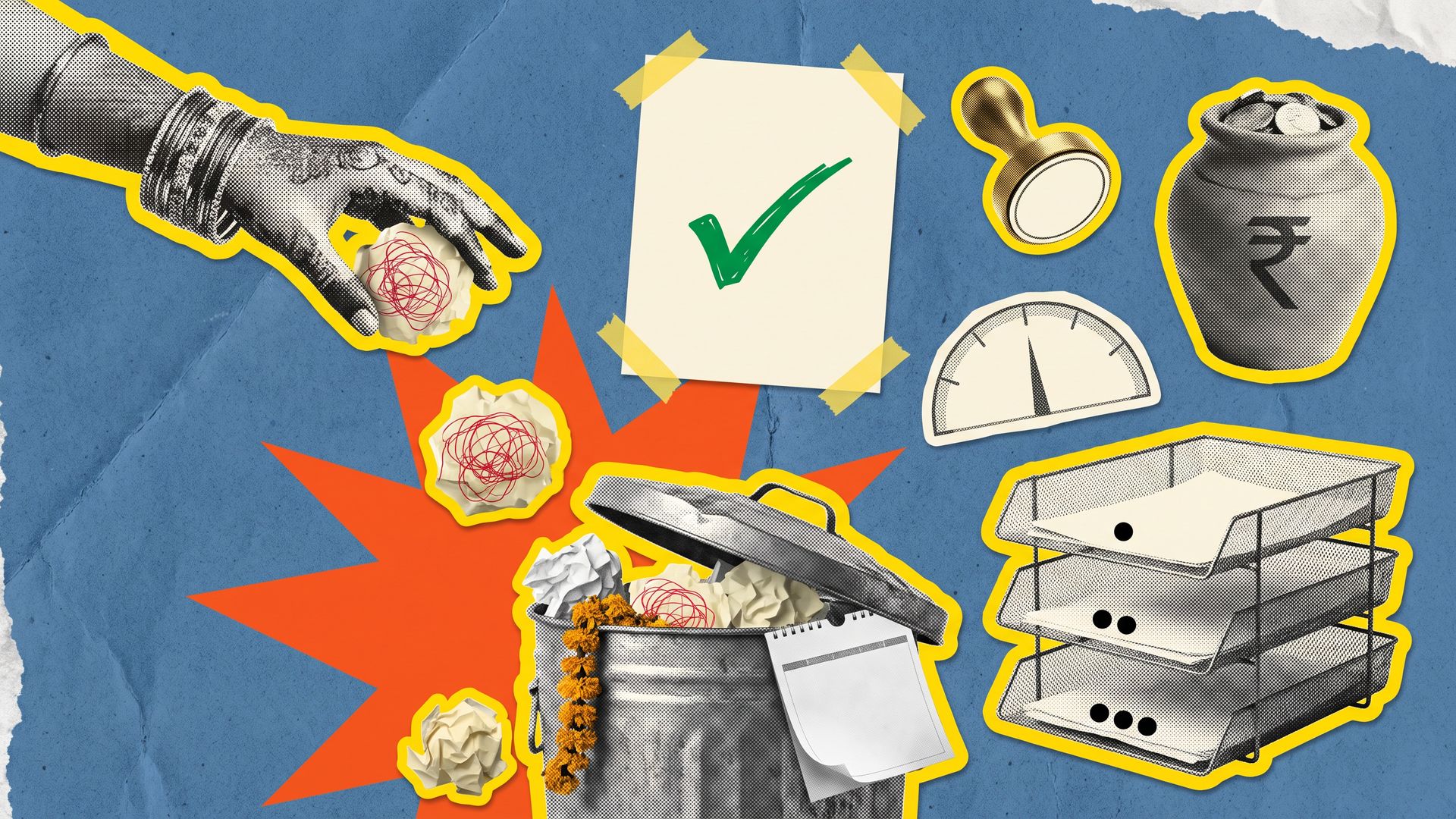 Collage of a hand with bangles dropping scribbled drafts into a trash can under an orange starburst, with one approved page, a stamp and a coin jar pinned above.