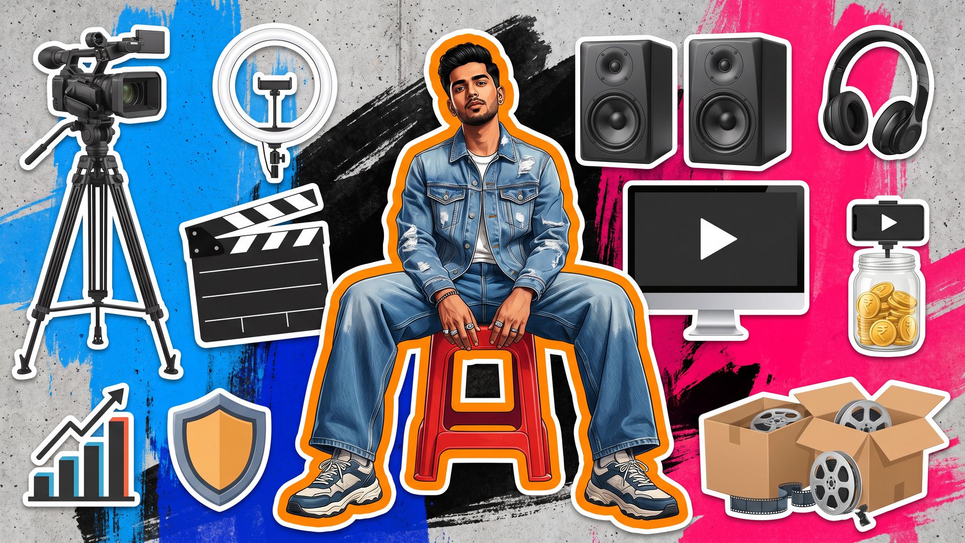 A young Indian creator in denim on a red stool, cut out with an orange sticker outline among a camera, ring light, play-button screens and a jar of rupee coins.