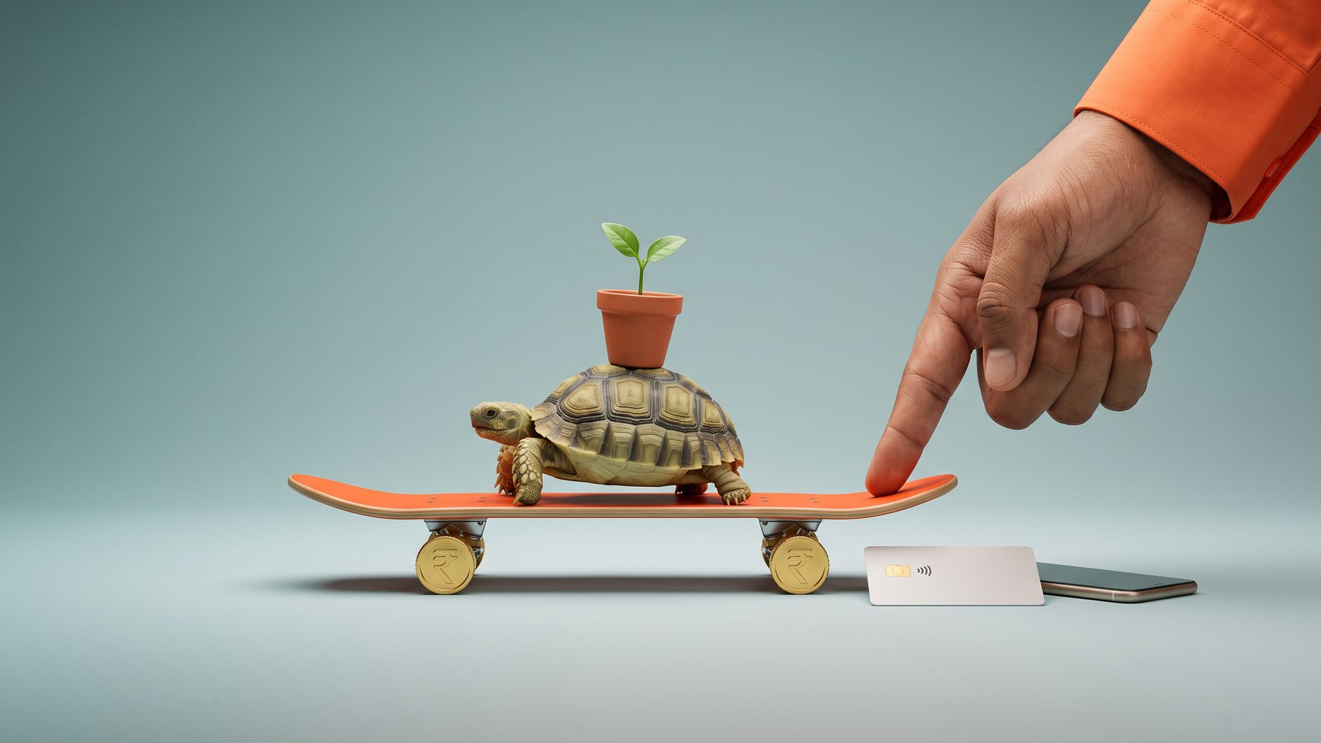 A tortoise with a seedling pot on its shell rides an orange skateboard on gold rupee-coin wheels as a giant hand prepares to flick it forward.