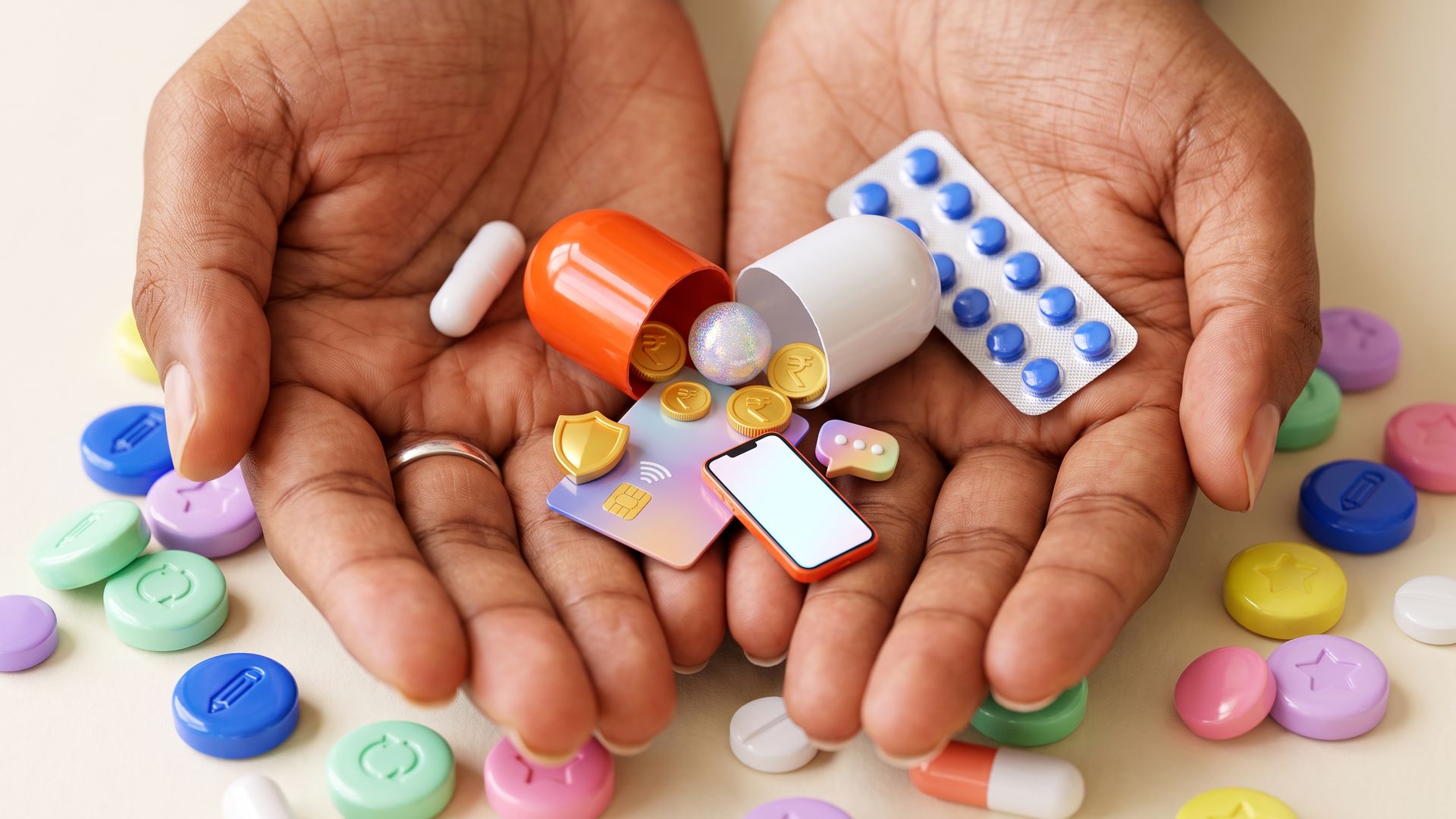 Cupped hands hold a plain capsule, a strip of small tablets and a big cracked capsule spilling a tiny bank card, shield, coins and phone.