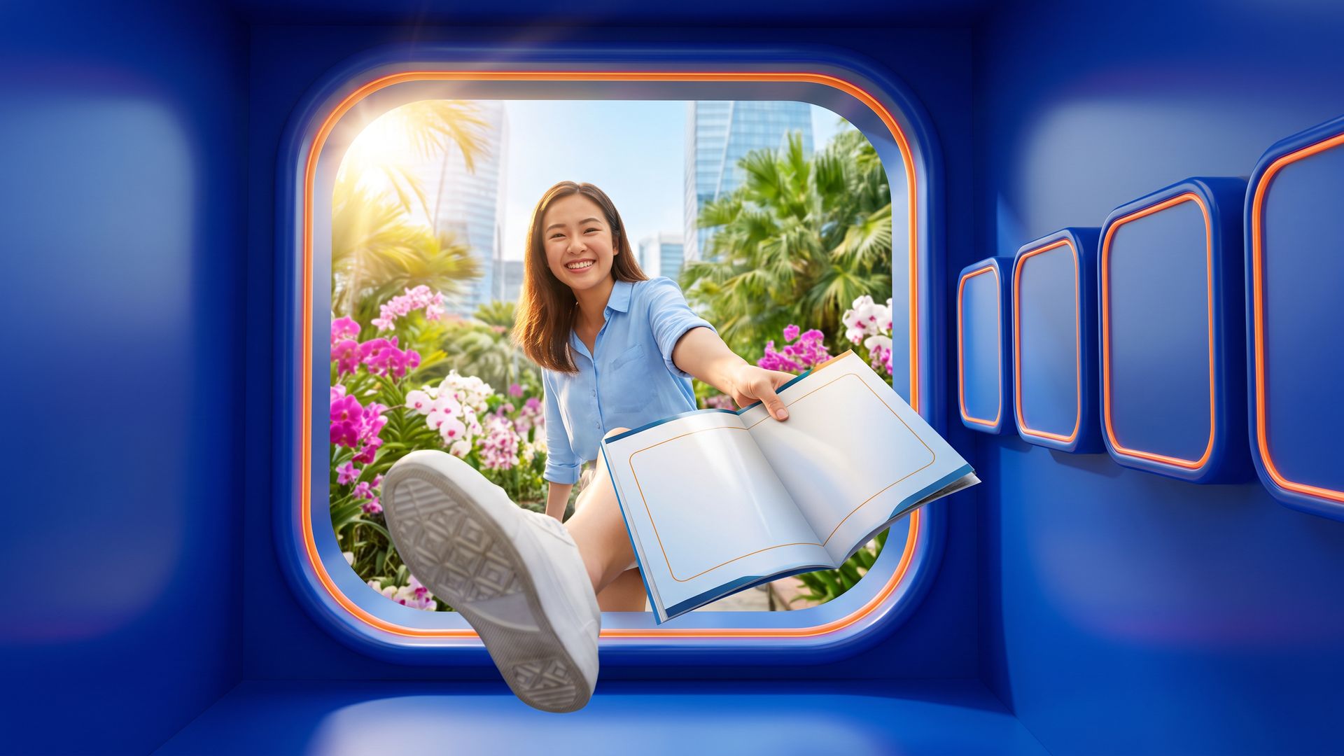 A young Singaporean creator steps out of a square portal in a glossy 3D room, holding a fund brochure's risk box toward the camera.