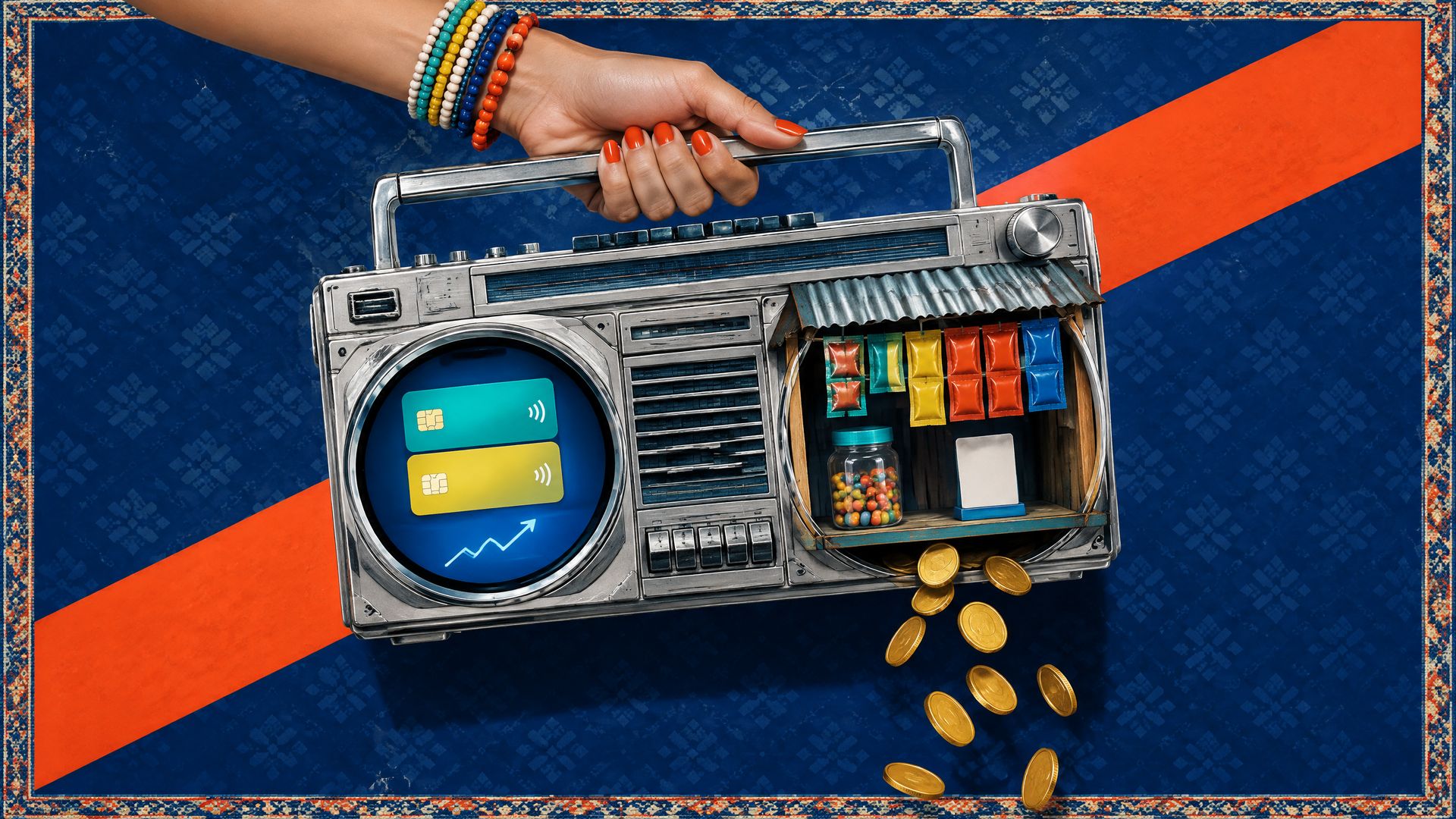 A young woman's hand swings a retro boombox built as a tiny Philippine corner shop with a mobile wallet screen, across a navy and orange backdrop.