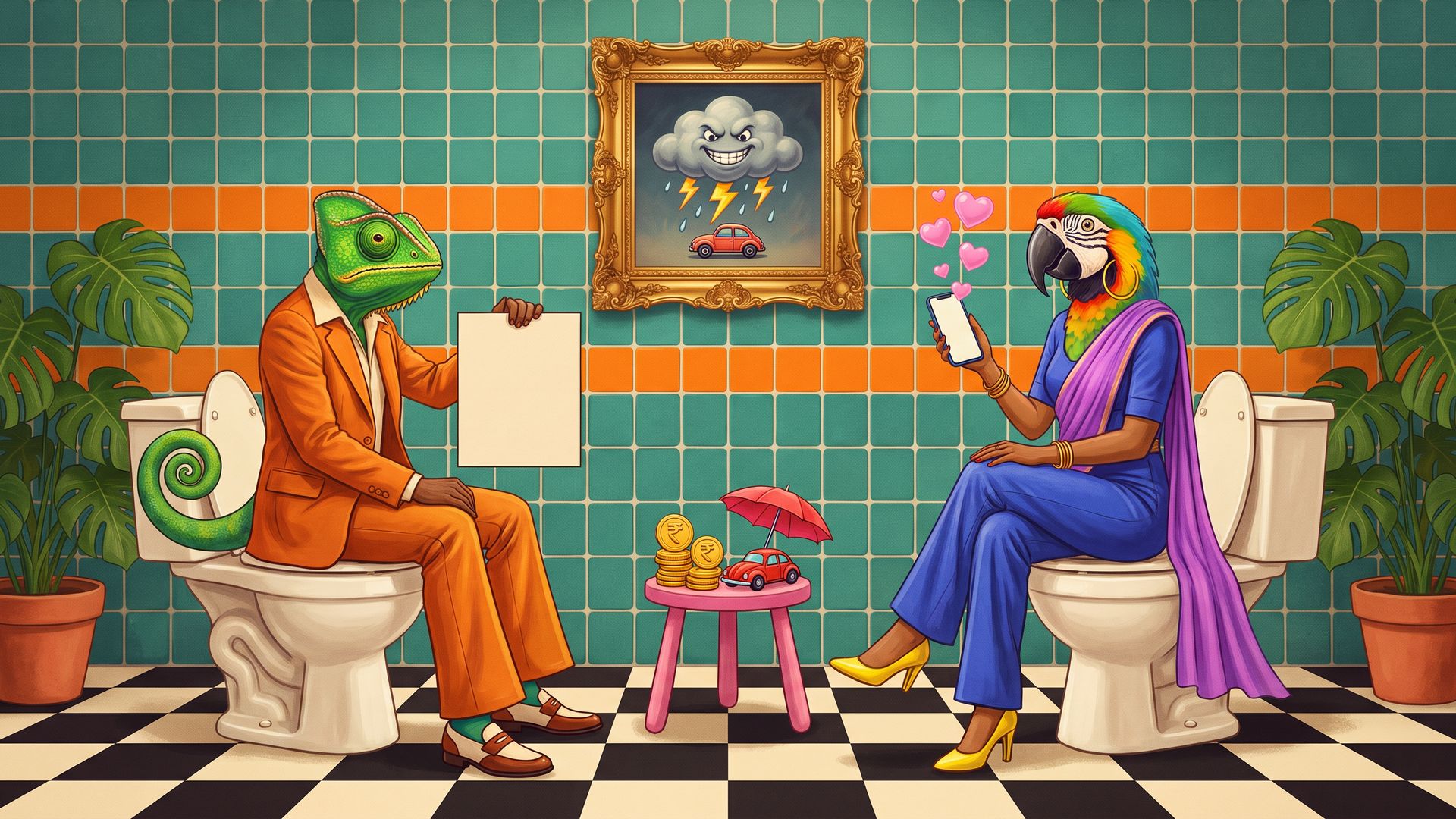 A chameleon-headed man in an orange suit and a parrot-headed woman compare blank insurance quotes in a teal-tiled bathroom, rupee coins between them.