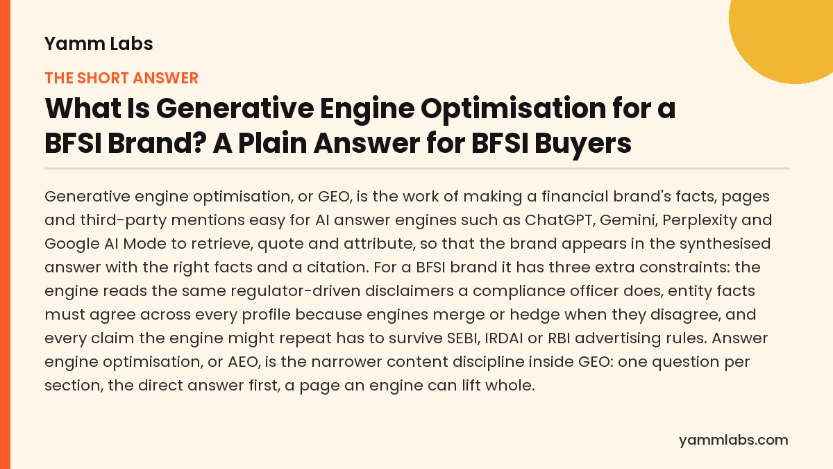 What Is Generative Engine Optimisation for a BFSI Brand? The short answer, summarised