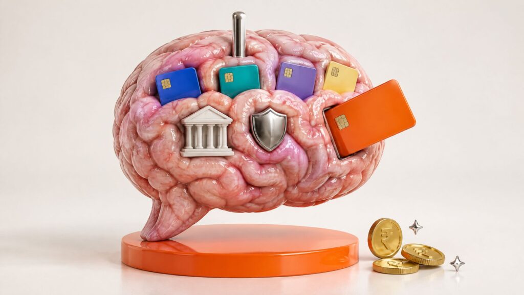 A pink brain-tissue AI chat bubble with blank bank cards pressed into its folds as an orange card is tucked in, for GEO in BFSI.