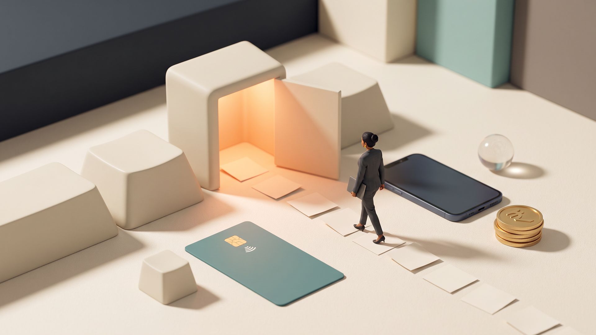 A tiny marketer in a suit walks a path of blank pages toward a keyboard key that opens like a door of warm orange light.