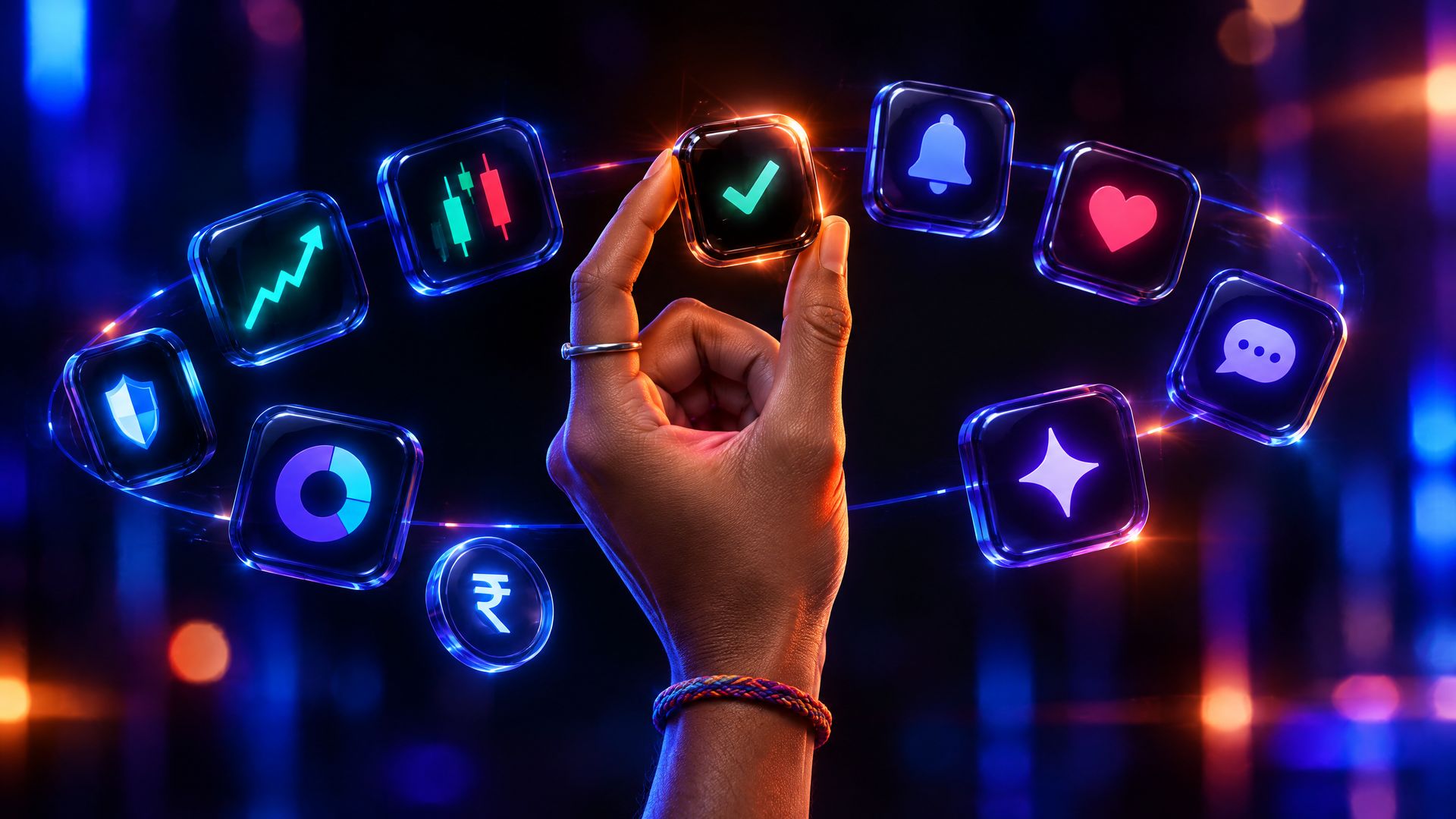 A 3D hand reaches up through a glowing ring of dark glass app tiles showing a candlestick chart, a shield, a pie chart and a confirm tick.