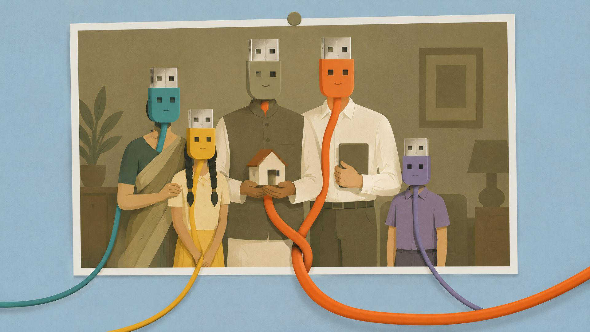 Illustrated vintage Indian family portrait with plug-shaped faces, where a father's and son's cables twist into one thick orange cable leaving the frame.