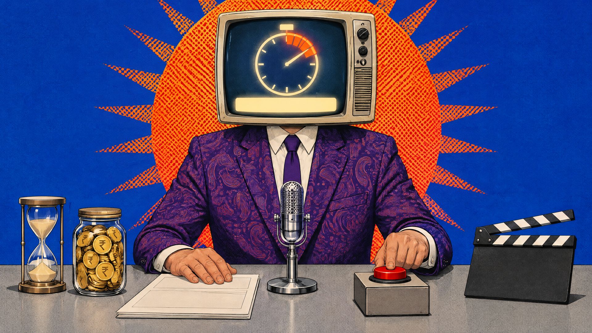 Retro collage of a man in a purple suit with a TV for a head, the screen showing a stopwatch held at five seconds over a blank warning strip, with a microphone on his desk.