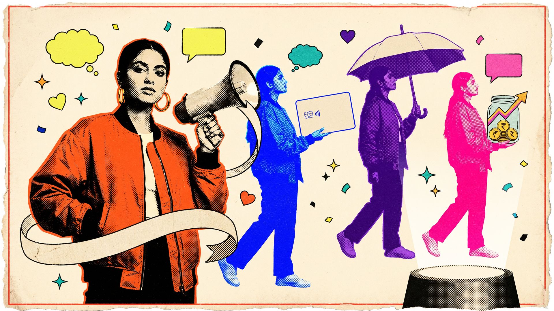 Posterised portrait of a young Indian marketer in an orange jacket with a megaphone, echoed behind in cobalt, violet and pink holding a card, umbrella and SIP coin jar.