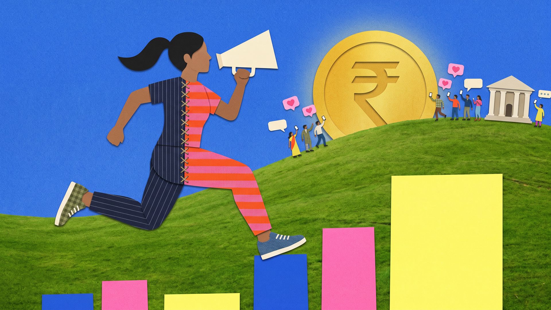 Paper collage of a runner stitched from navy pinstripe and orange striped fabric, sprinting up bar-chart steps on a green hill toward a gold coin sun.