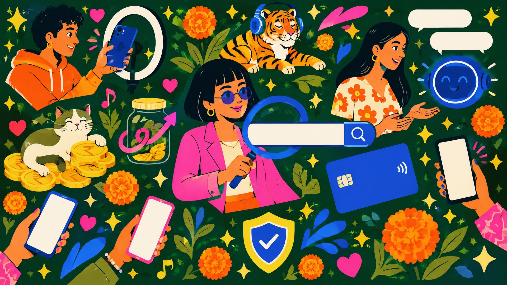Flat sticker-pattern illustration on deep green of young Indian marketers with a magnifying glass, AI chat orb, ring light, coins, a tiger and a trust shield.