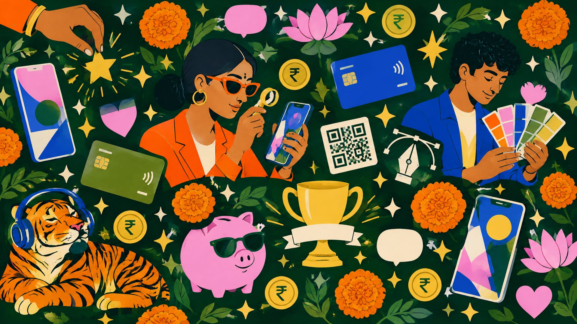 Sticker-pattern illustration on deep green of young Indian designers judging phones, cards and colour swatches, with a tiger, marigolds and glowing winner stickers.