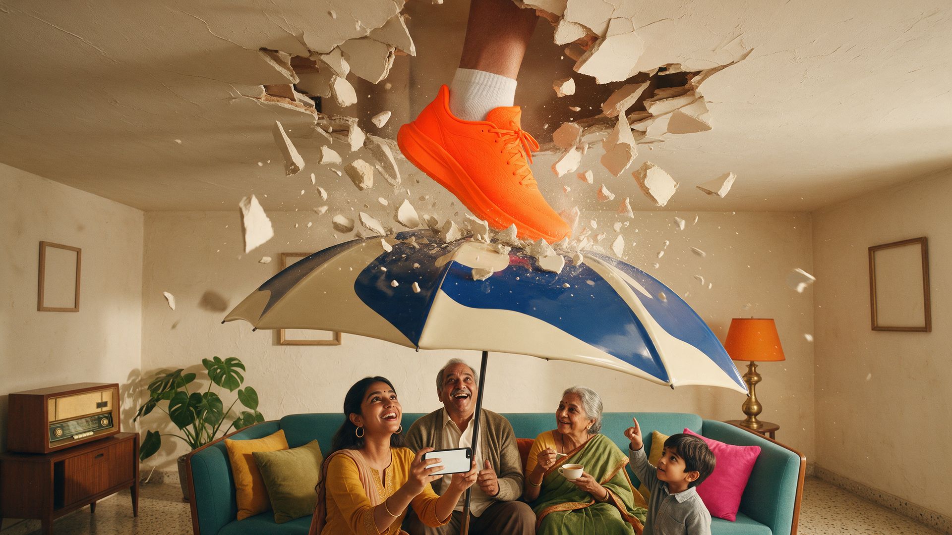 An Indian family laughs under a cobalt shield-like umbrella as a giant orange sneaker smashes through their 1960s living-room ceiling.