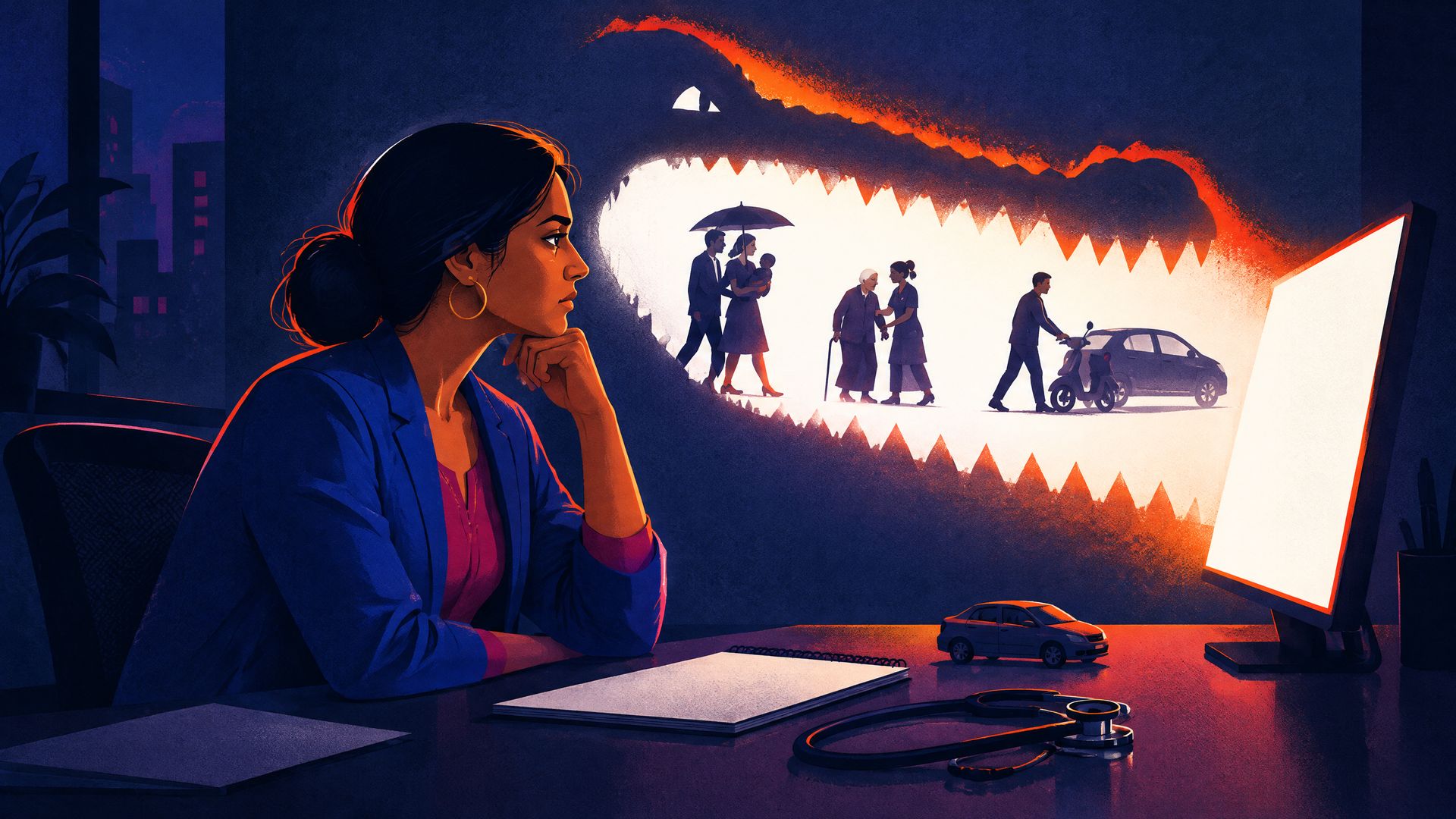 Indian marketing head at her desk as her screen glow forms crocodile jaws around a family, an elderly parent with a nurse, and a scooter rider.