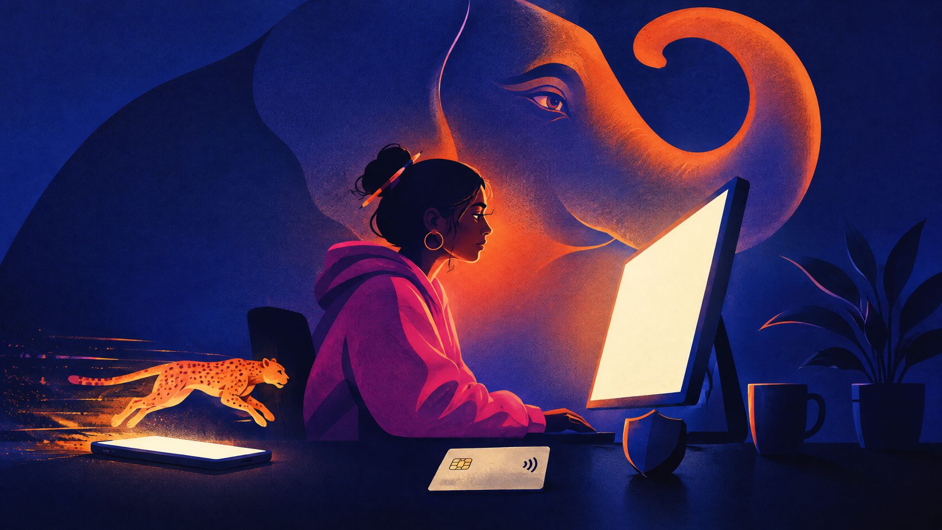 A young Indian marketer works at night while her monitor's glow forms a giant elephant holding its trunk like an umbrella over her, beside a glowing phone.