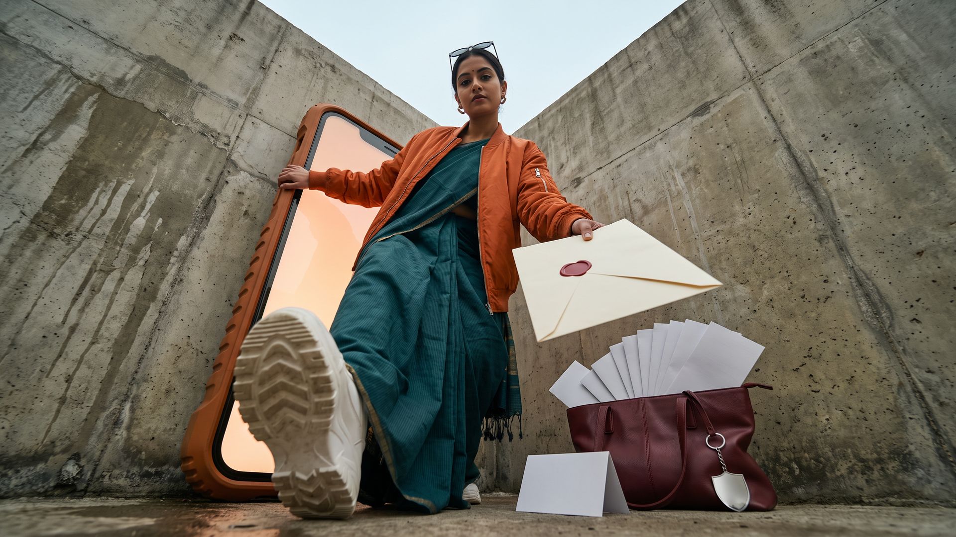 A young Indian insurance advisor steps out of a giant smartphone toward the camera, holding out a sealed policy folder.