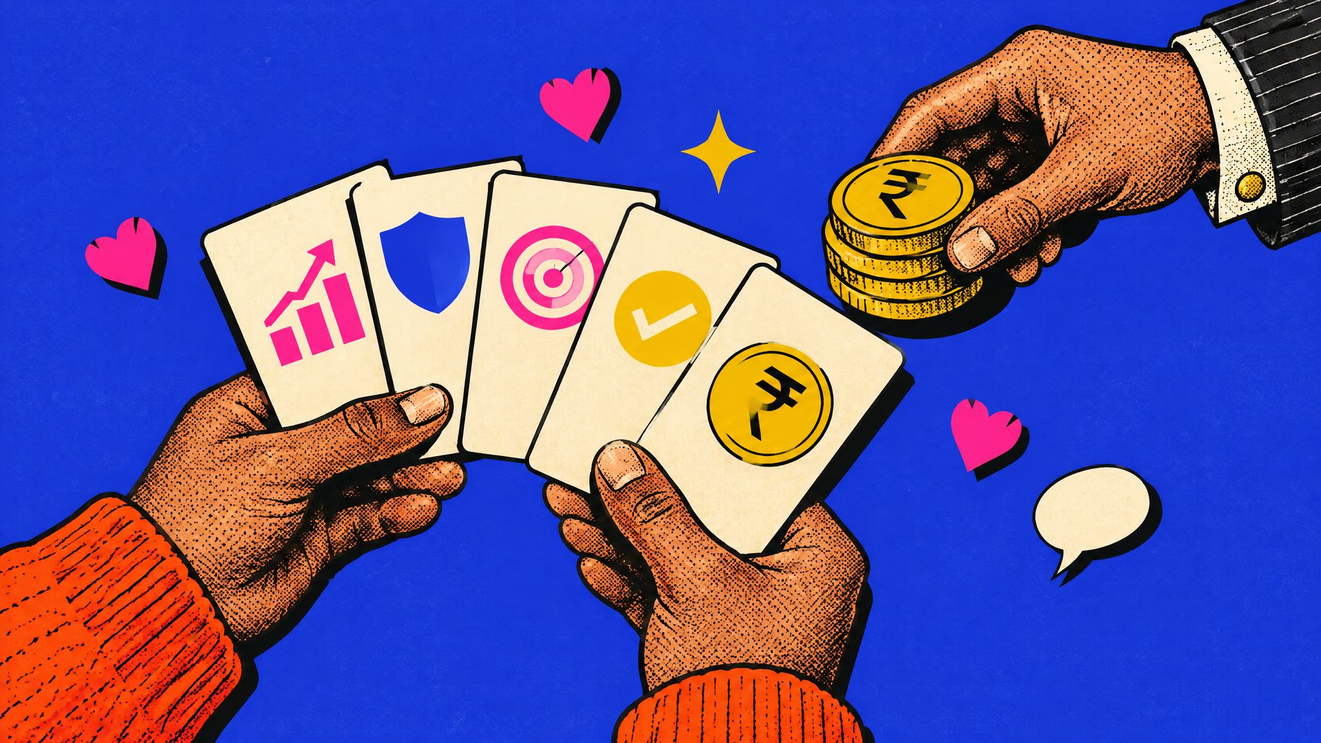 Risograph halftone hands in orange knit sleeves fan pitch slides like a winning card hand as a banker's hand slides gold rupee chips over, on cobalt.
