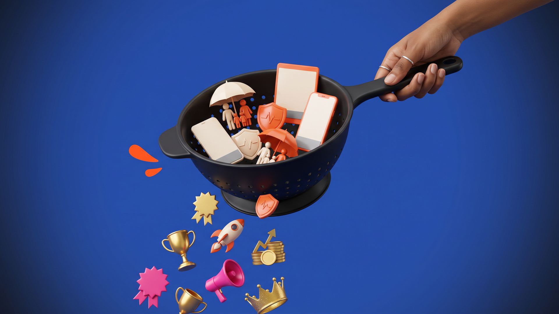 A hand holds a black colander of small umbrella and shield ad miniatures while starburst badges, trophies and coin stacks fall through its holes.
