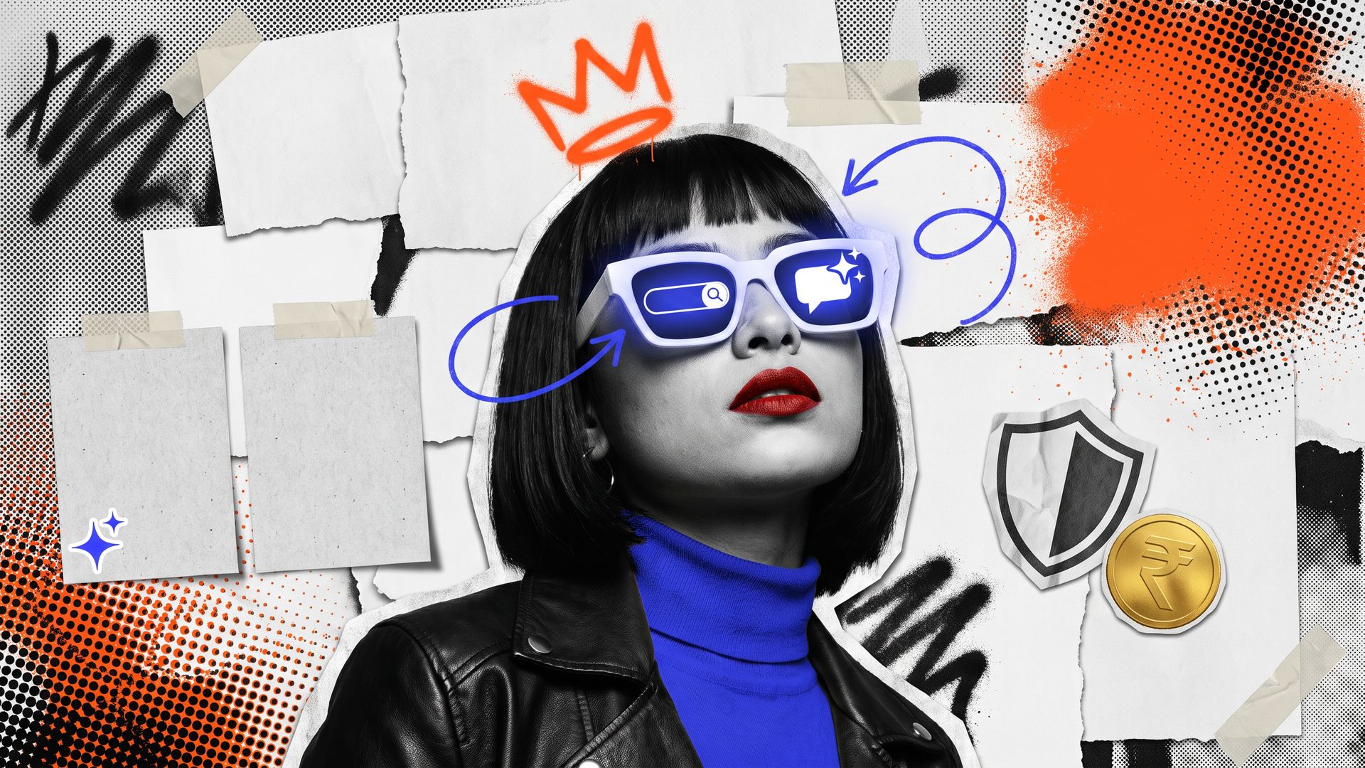 Punk collage of a young Indian marketer in white sunglasses, one lens showing a search bar and the other an AI chat bubble, over orange halftone dots.