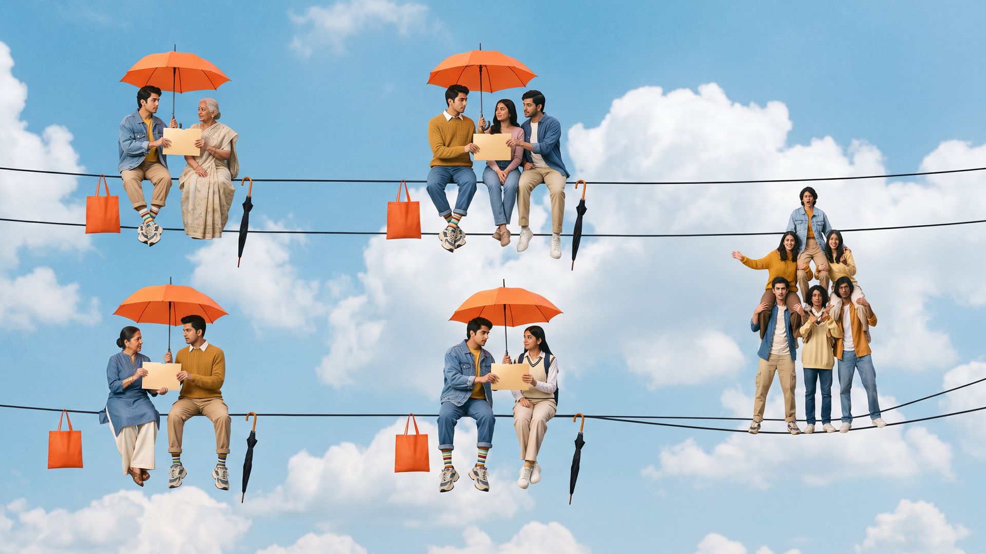 Young Indian insurance advisers sit on parallel sky wires with umbrellas and blank policy folders beside customers, while a wobbly human pyramid sags one wire.