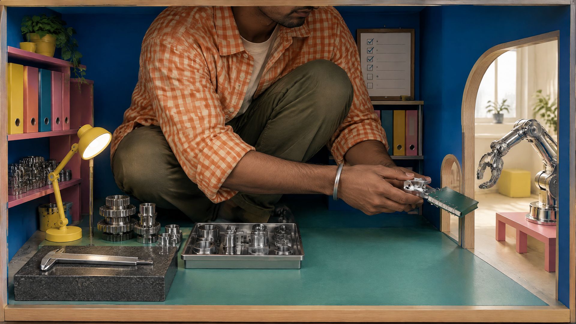 A young Indian engineer crouches inside a tiny dollhouse quality lab, passing a miniature machined bracket and binder through a doorway to a bigger room.