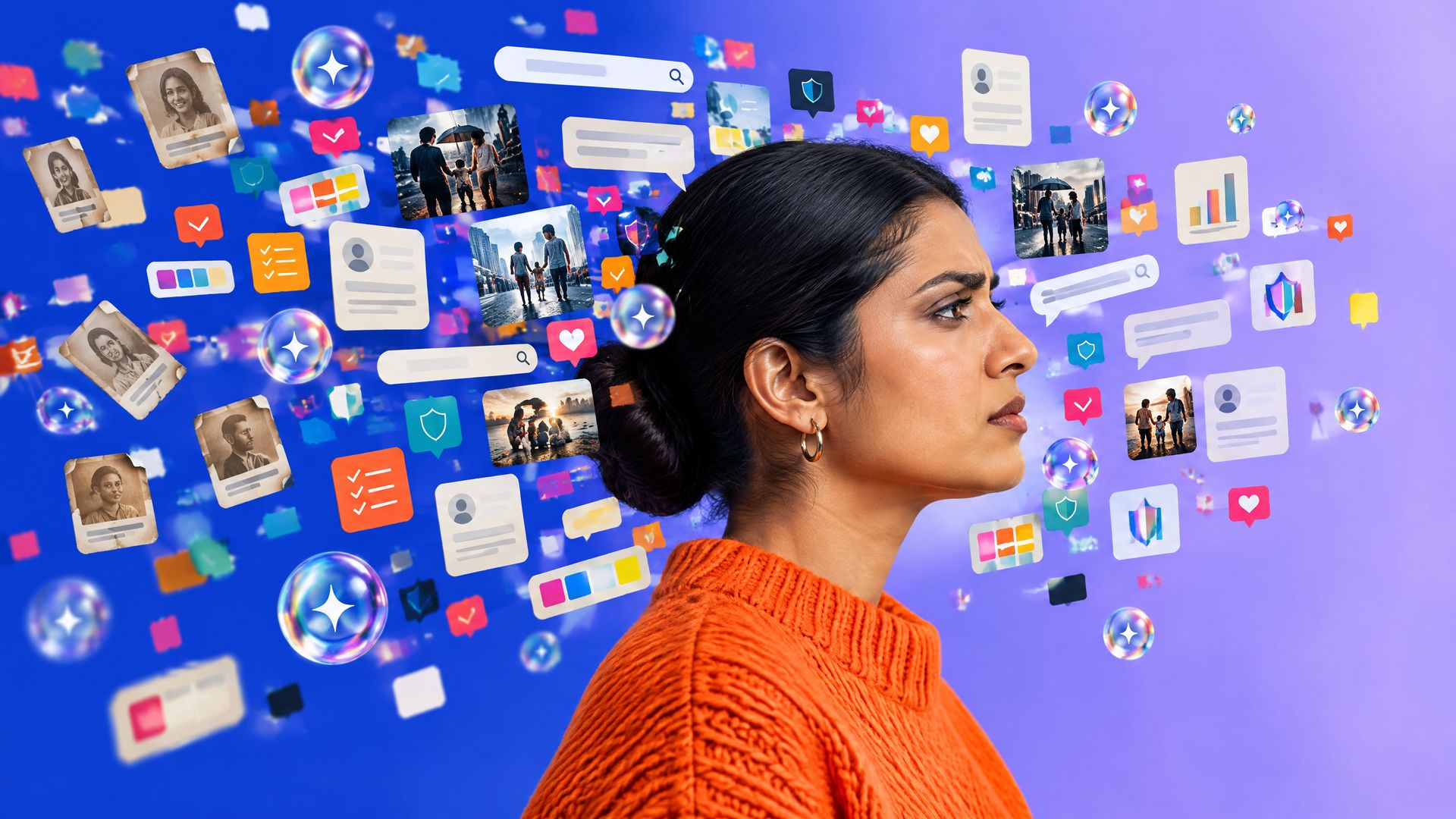 Young Indian procurement manager in profile with a swarm of AI chat bubbles, old and new company profile tiles and checklist icons bursting from her head.