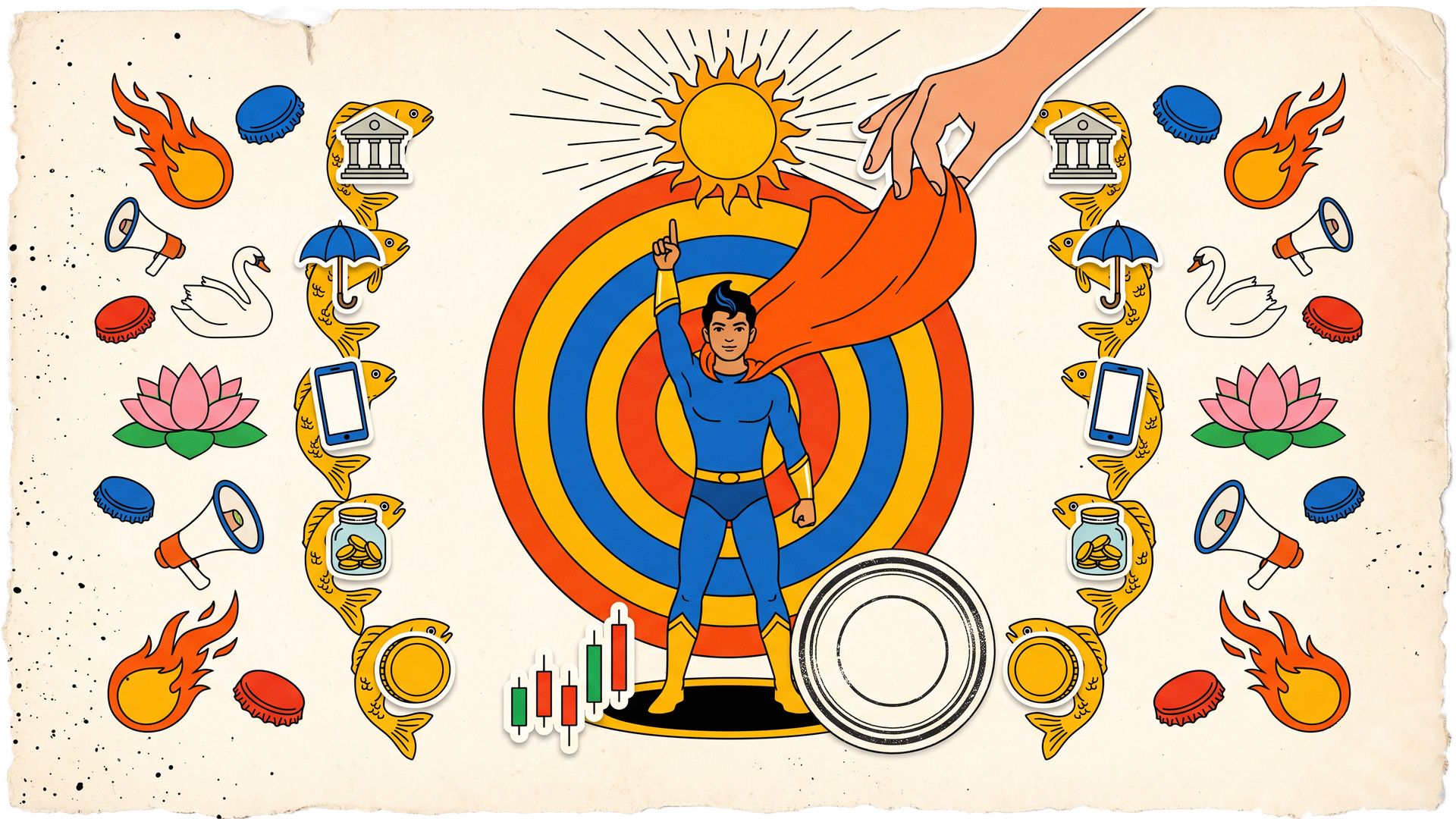 Matchbox-label collage of a young Indian superhero on orange and blue rings, handed a giant cape from a sun, flanked by golden fish carrying bank, insurance and payment icons.