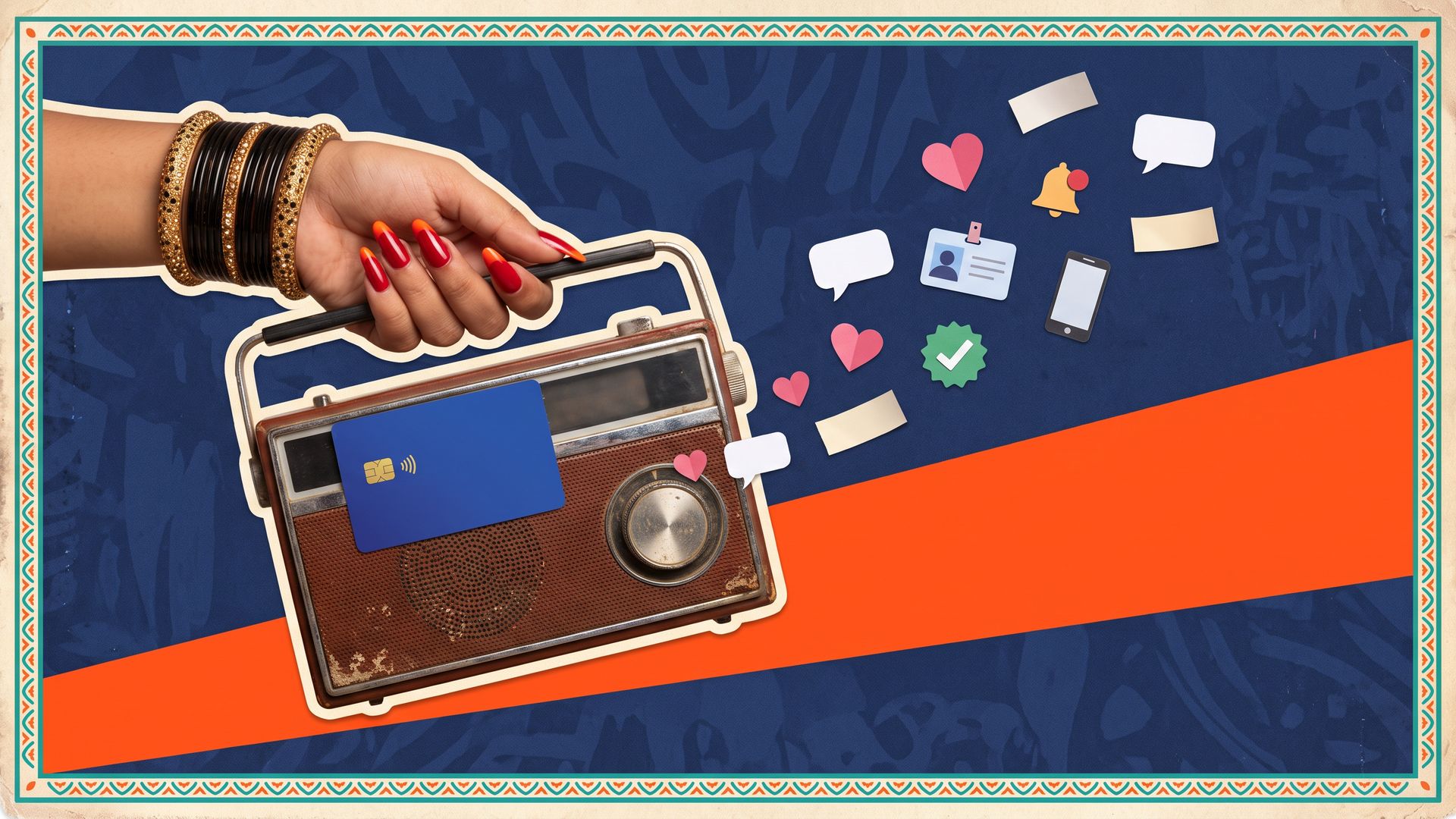 A hand with bangles and red nails swings a vintage radio with a bank card slotted in, social icons bursting out, on a navy and orange poster.