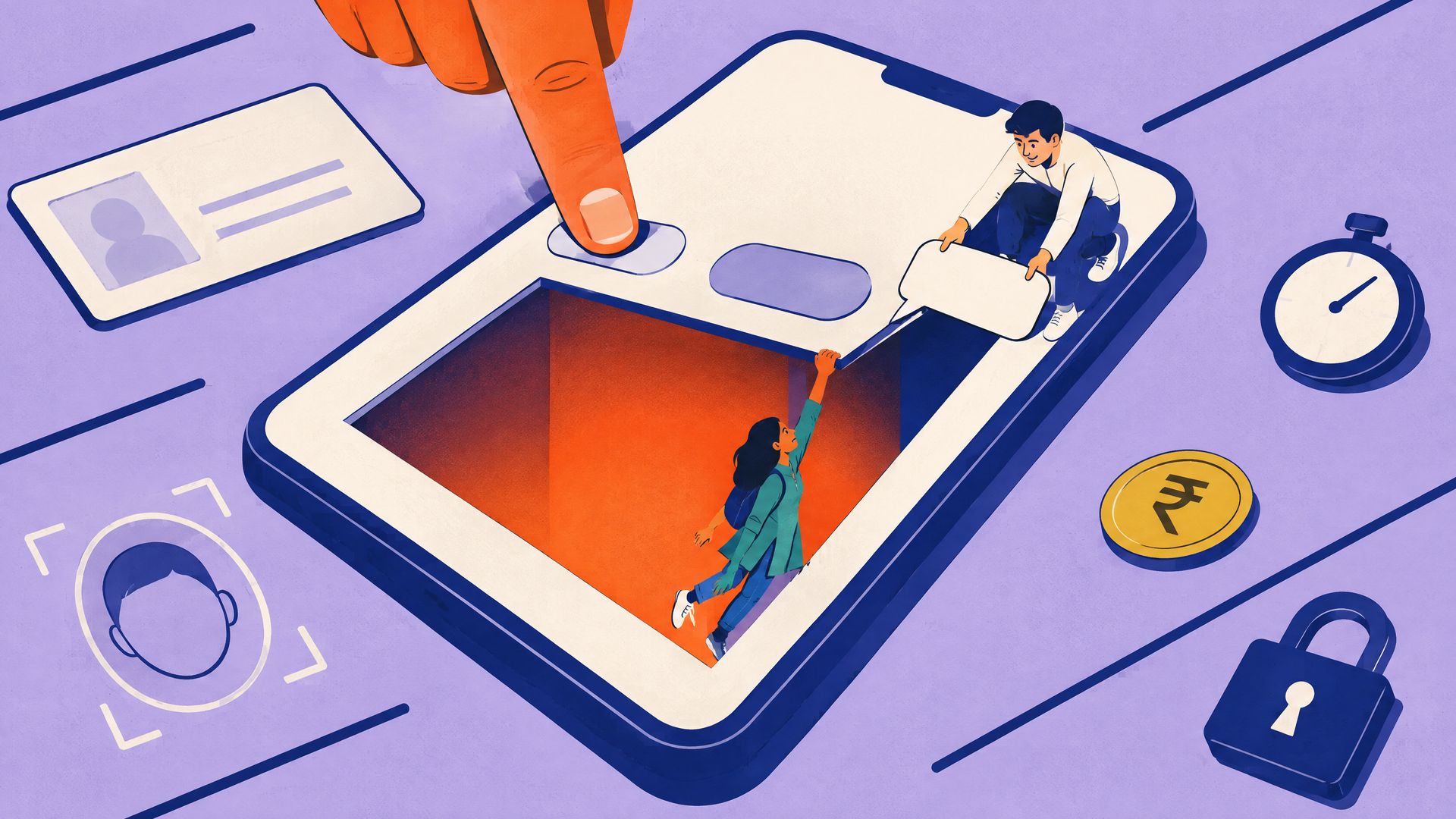 Illustration of a giant finger pressing a phone permission button that opens a trapdoor, with a tiny woman clinging on and a speech bubble offered as a handhold.